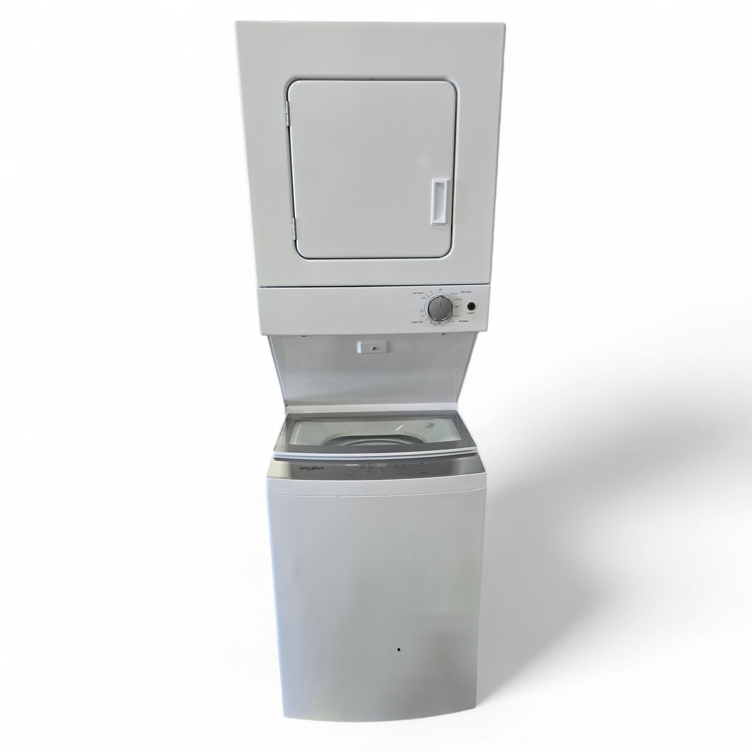 2022 Whirlpool stacked washer and dryer unit with clear lid washer, used and in great condition