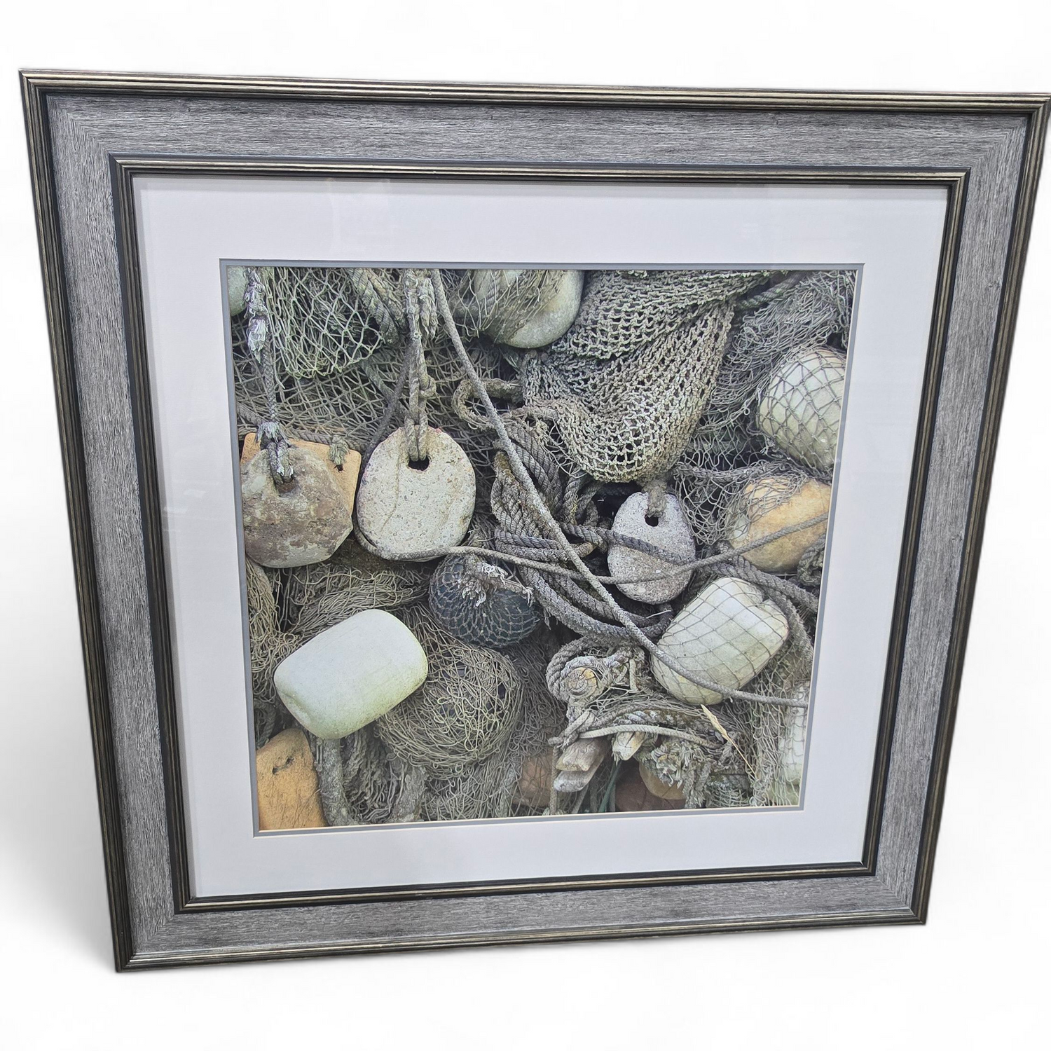 36 x 36 framed fishing net with buoys wall art, used and in good condition