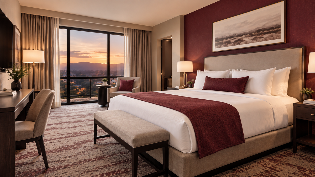 Modern hotel room with burgundy accents, upholstered headboard and coordinated hotel furniture from Southern Hospitality Liquidation.