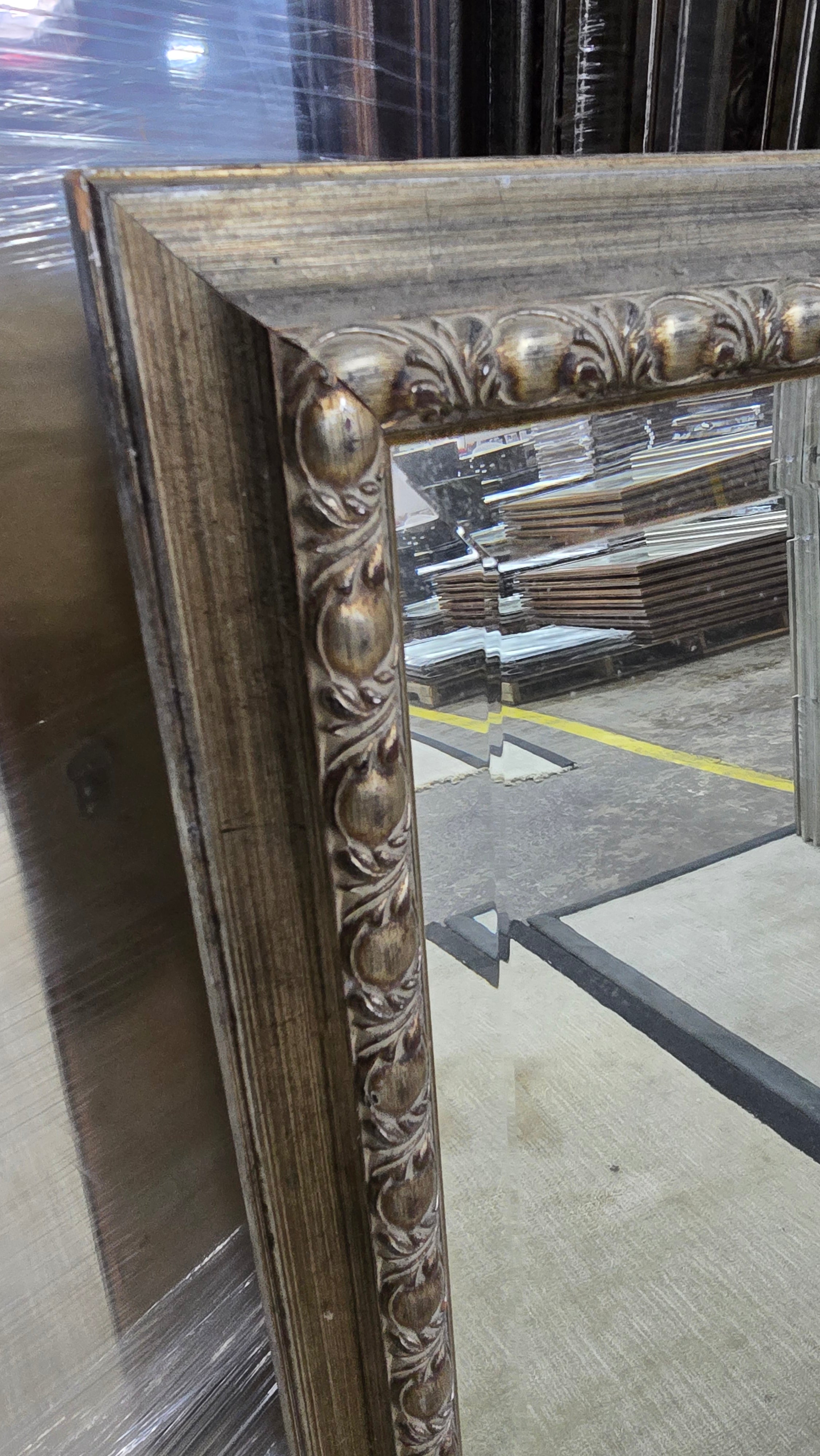 48 x 38 wall mirror distressed gold and silver frame detail, used and in good condition, quality used resort furniture.