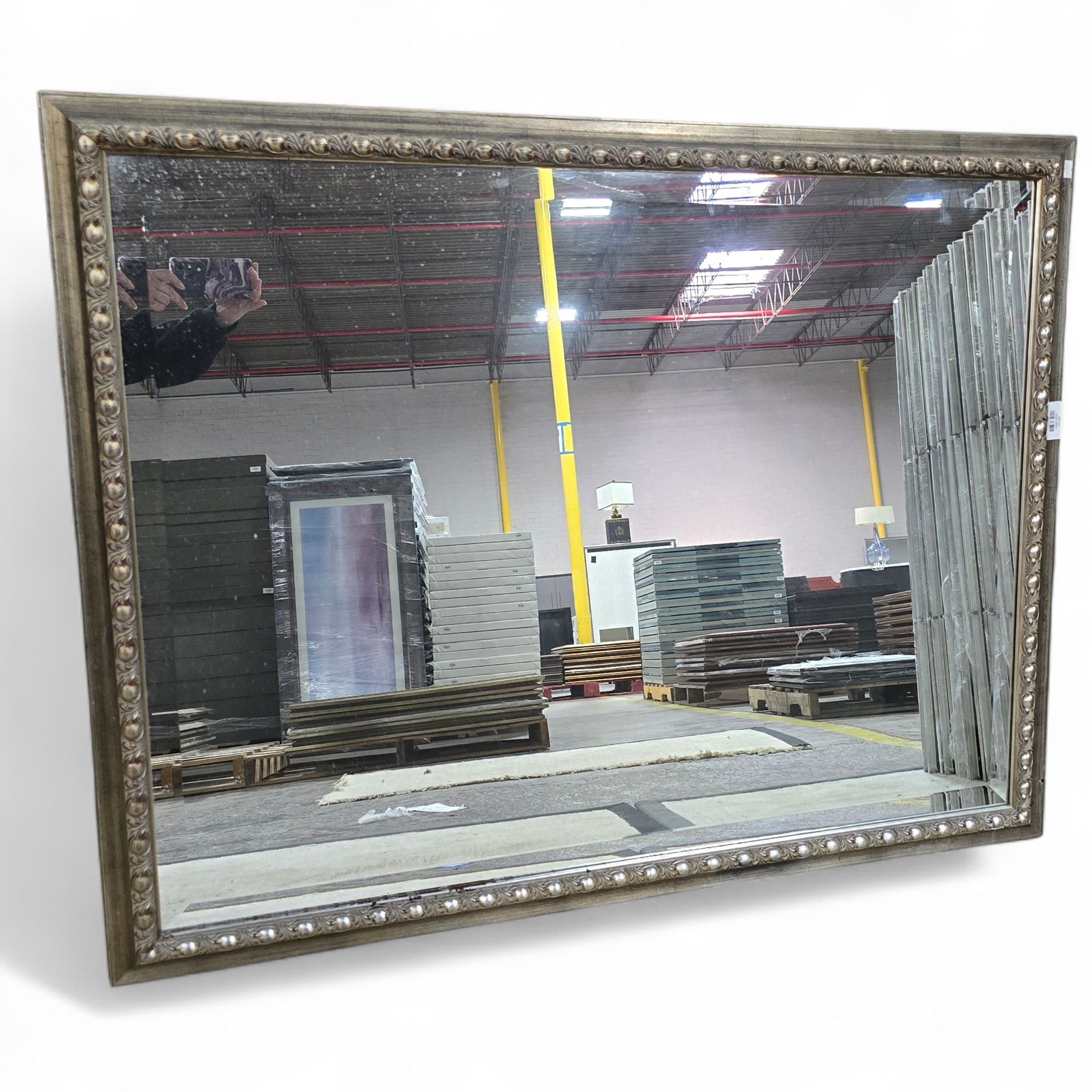 48 x 38 wall mirror with distressed gold and silver frame front view, used and in good condition, quality used resort furniture.