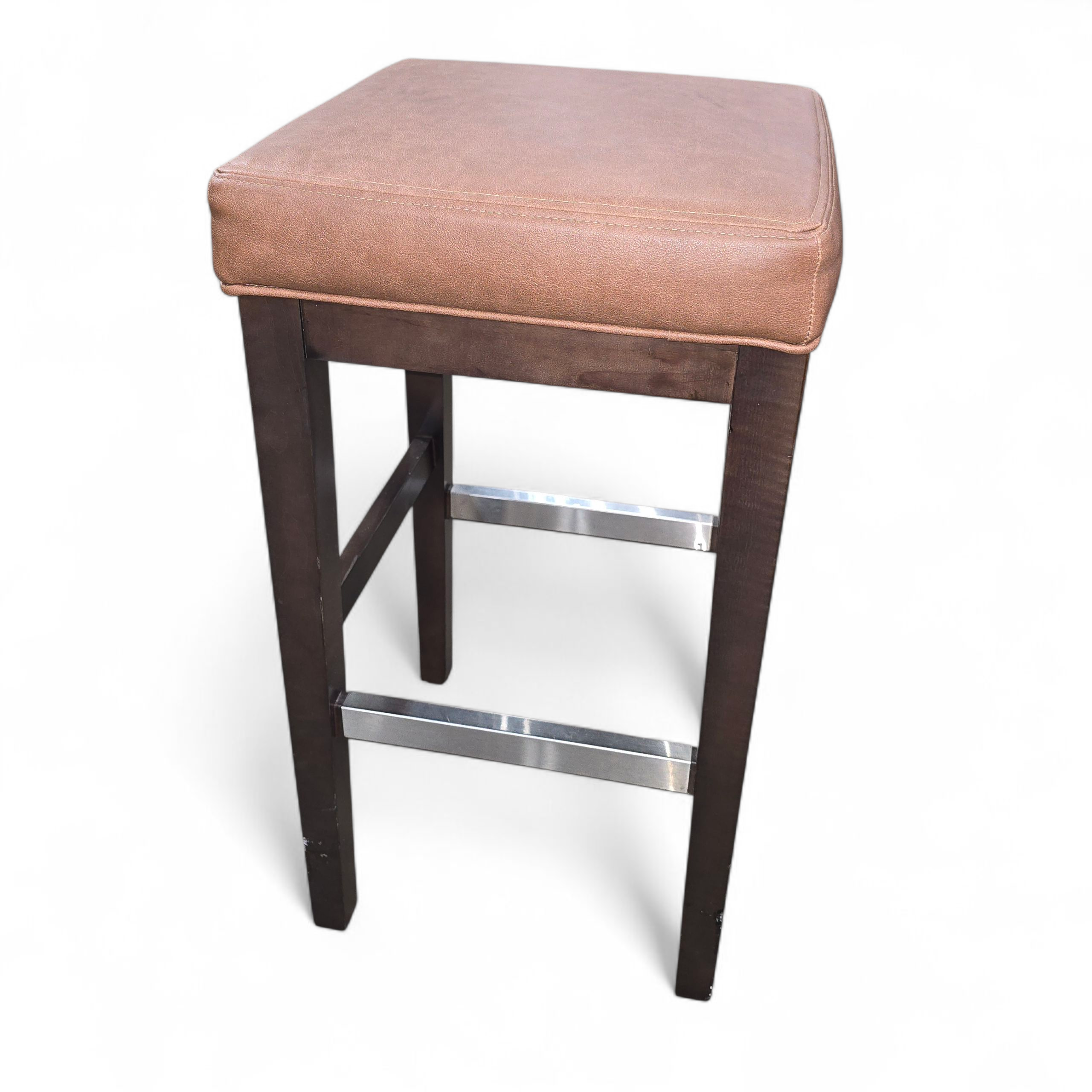 SHL backless brown vinyl bar stool 16 x 16 x 30 front view, used and in good condition