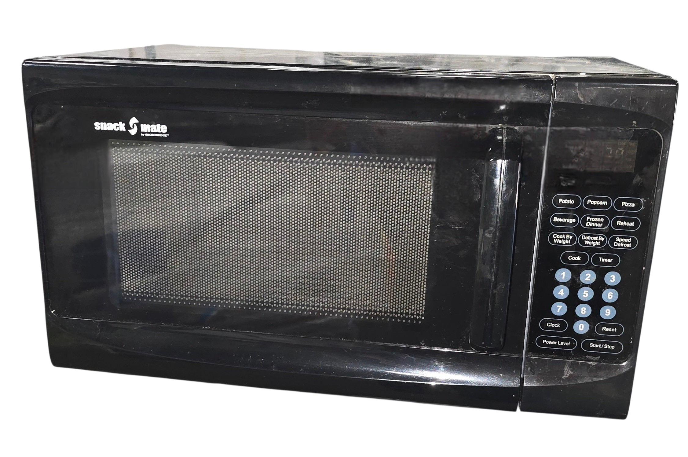 Front view of black compact countertop microwave