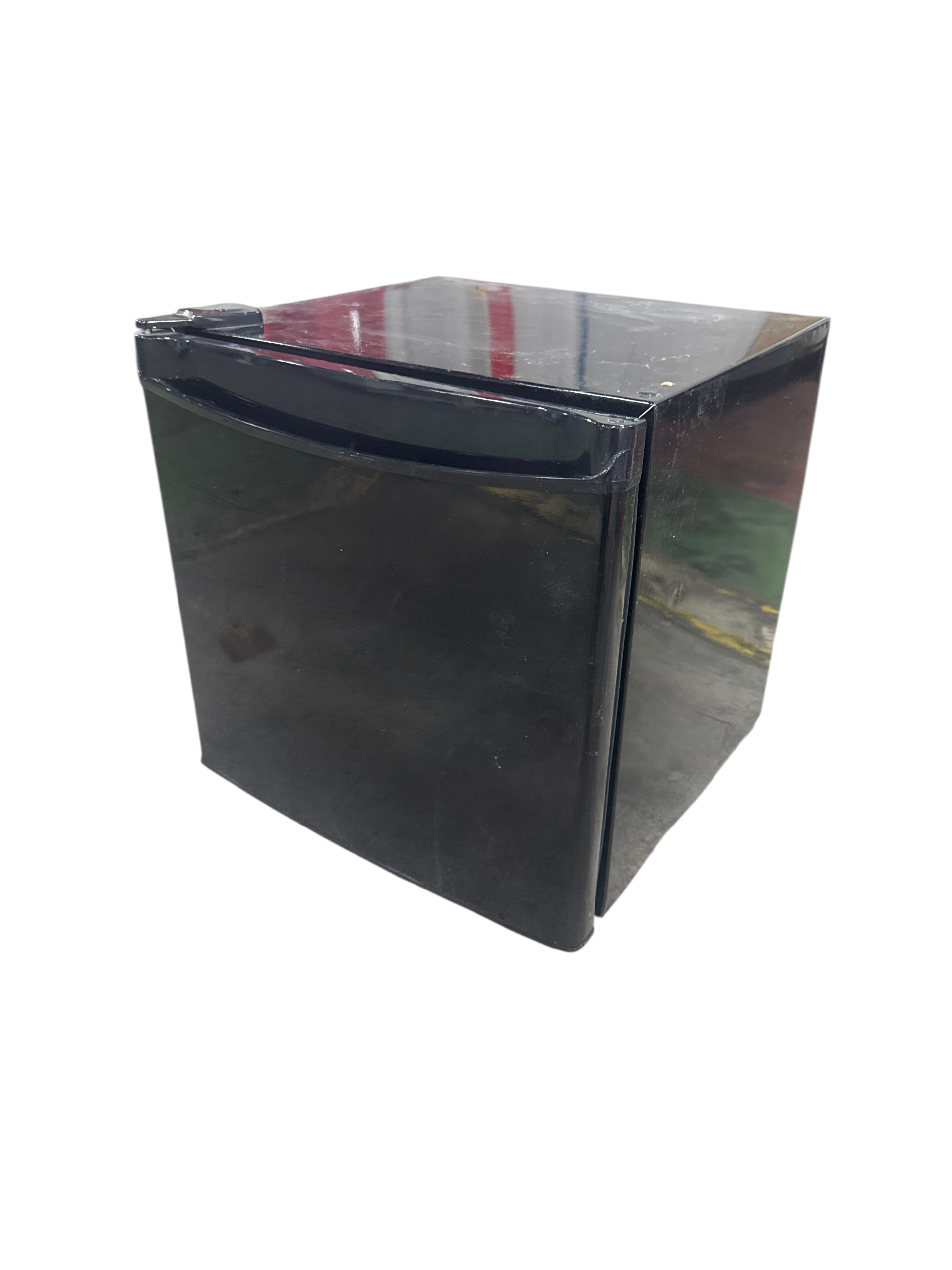 Front view of black compact mini fridge