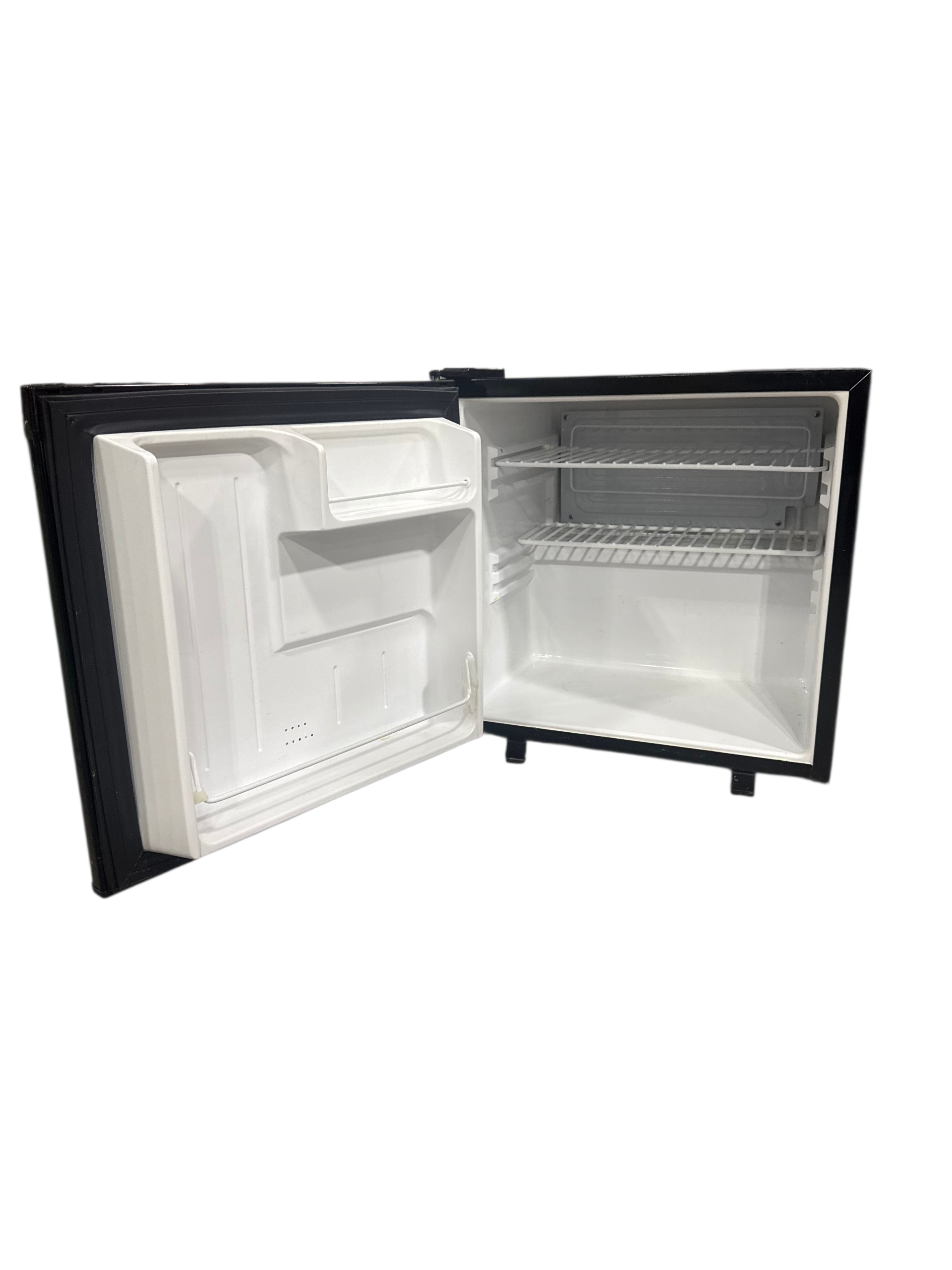 Interior detail of black 1.7 cu ft mini fridge