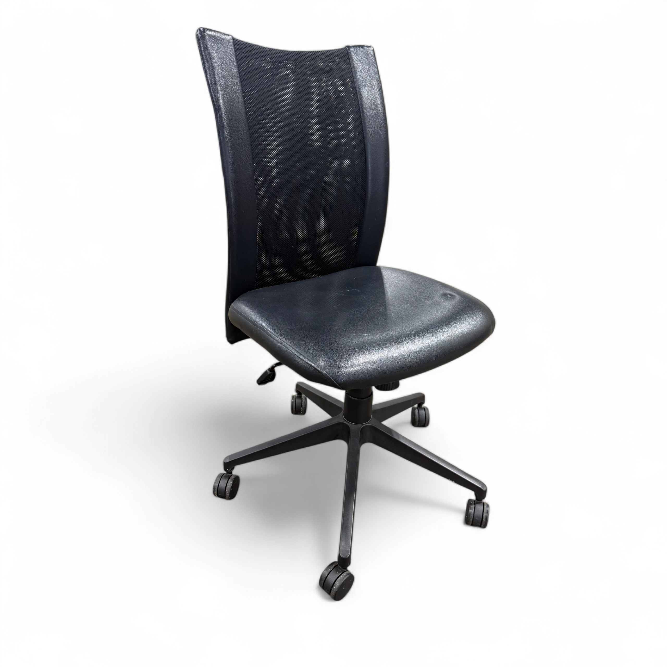 SHL side view of armless black rolling desk chair with mesh back, used and in good condition