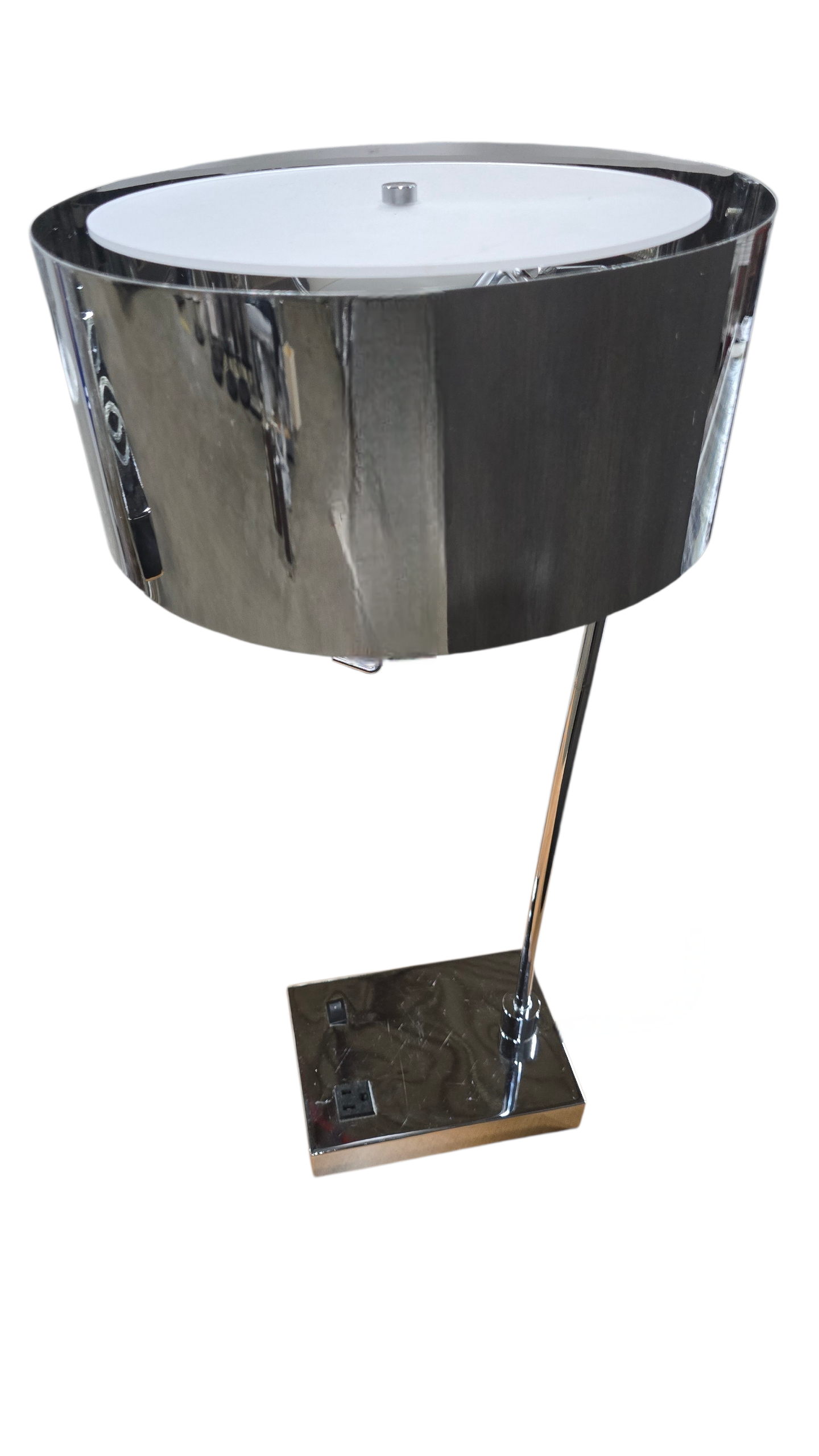 Chrome table lamp with power outlet and light diffuser, used and in good condition