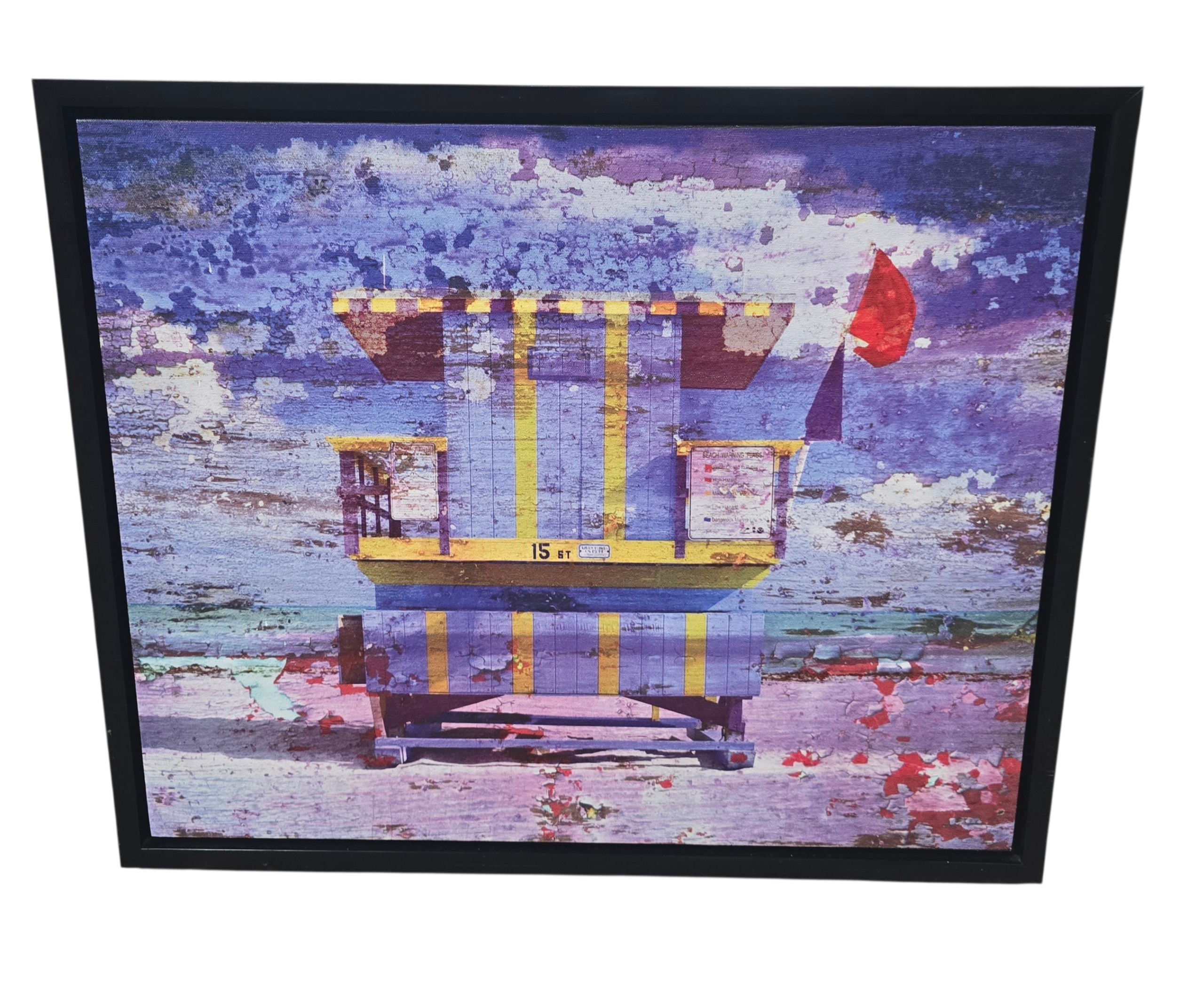 SHL framed coastal lifeguard tower wall art with colorful distressed beach design in black frame, 24 x 30 used in good condition