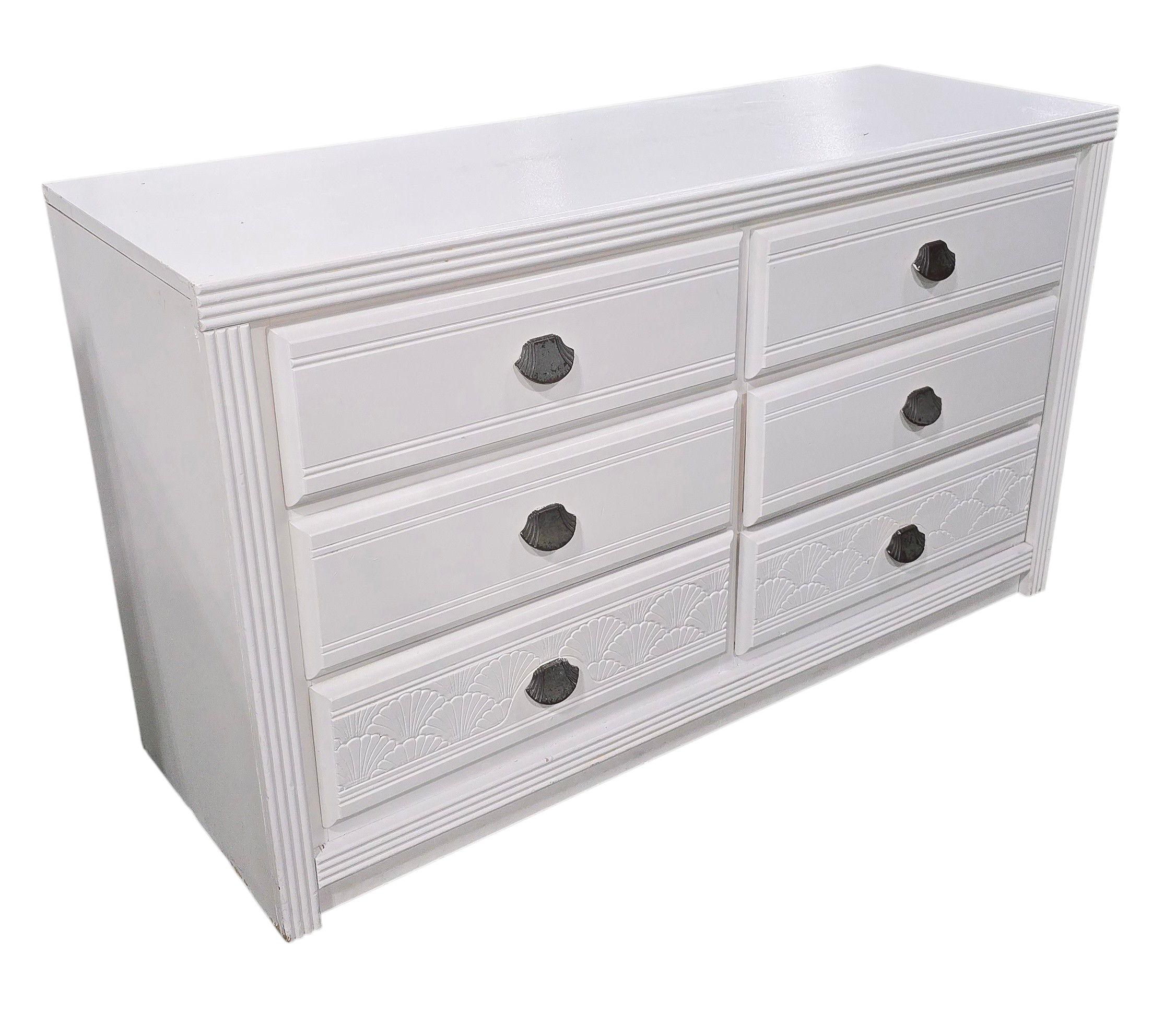 Side angle view of coastal style white wood dresser