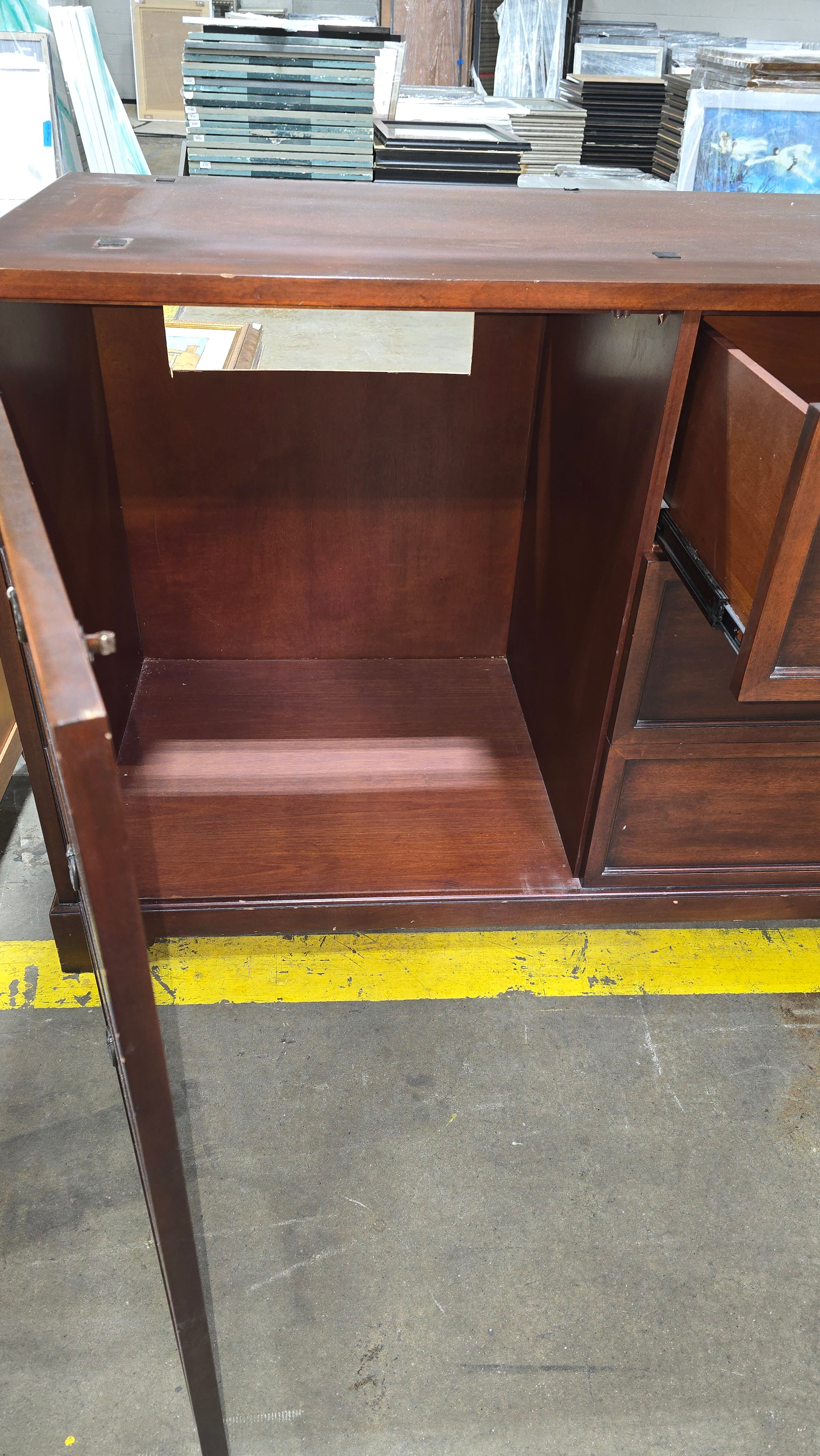 SHL open cabinet view of Decca dresser showing extra storage space, used and in good condition