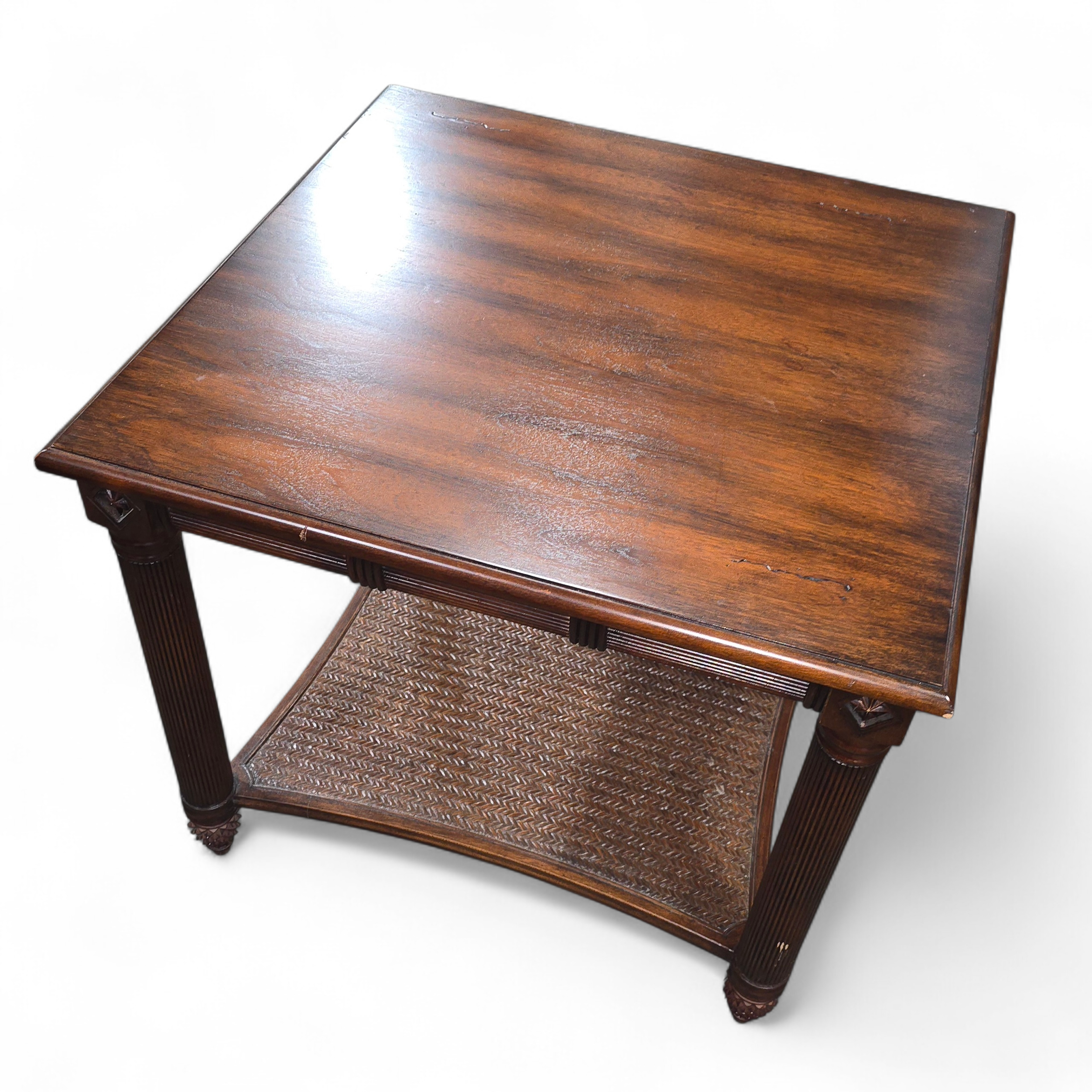 SHL angled view of Decca brand wood side table, used and in good condition