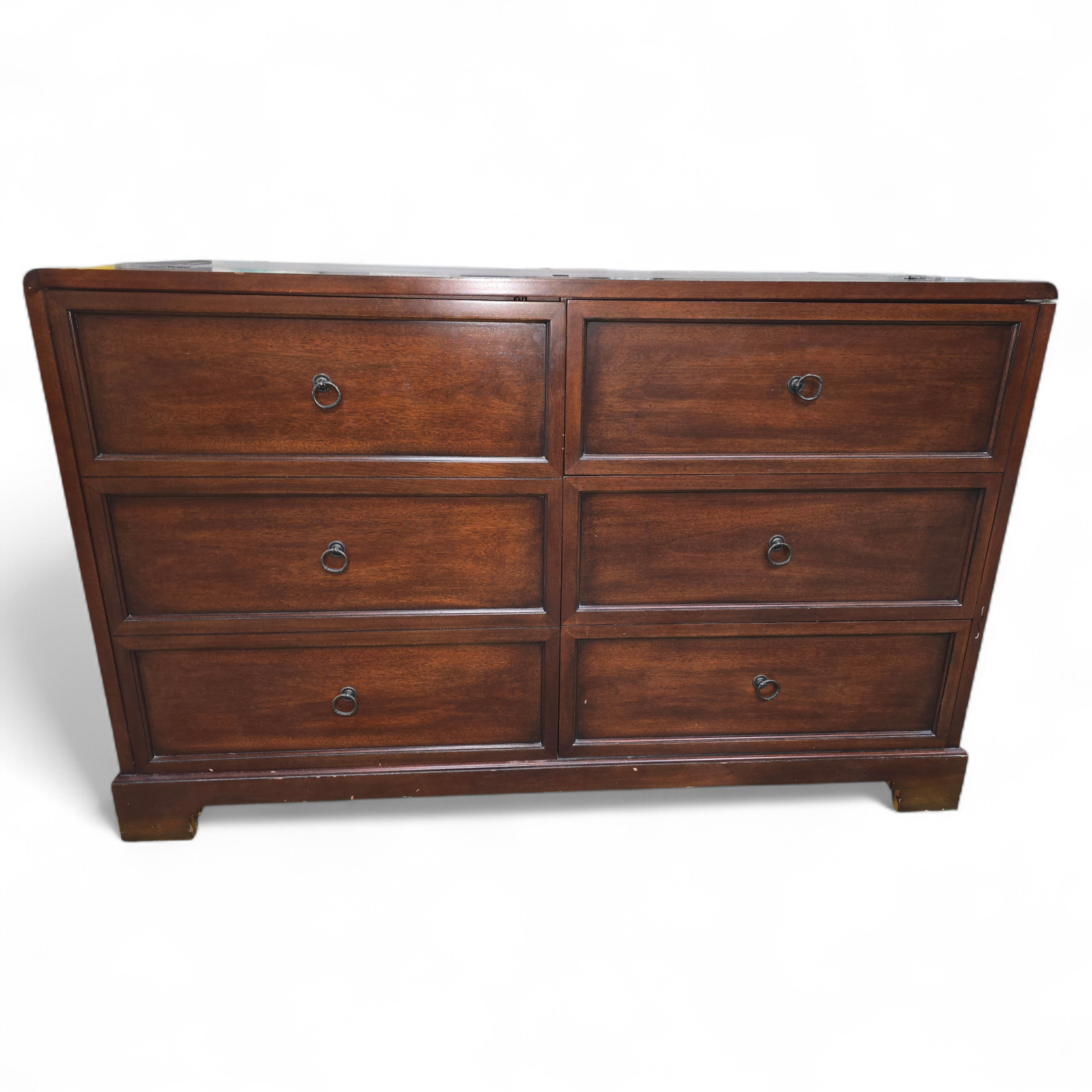 SHL front view of Decca three-drawer dresser with cabinet storage, 59.75 x 26 x 38, used and in good condition