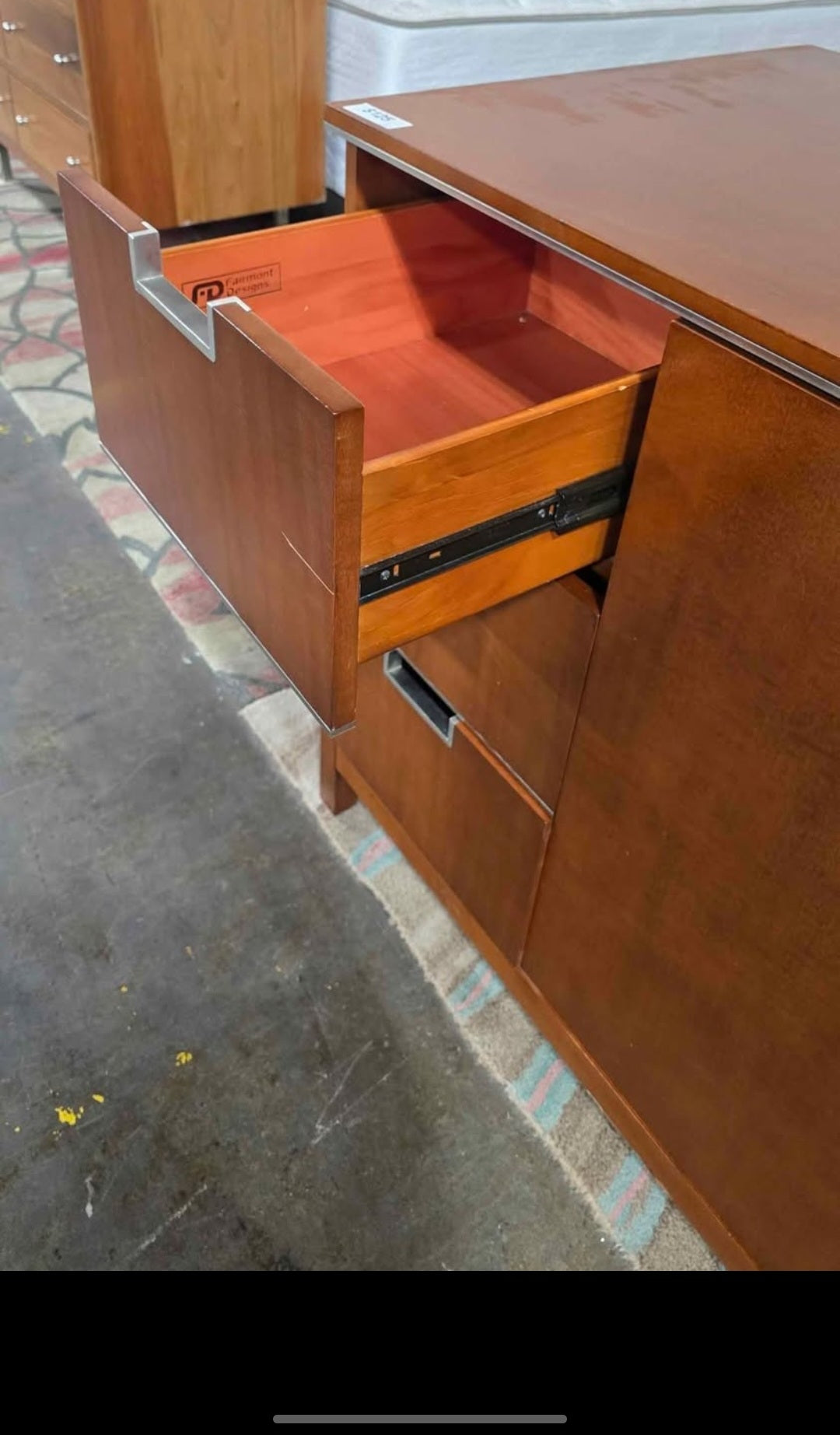 SHL close-up of drawer details on Fairmont Designs TV dresser, used and in good condition