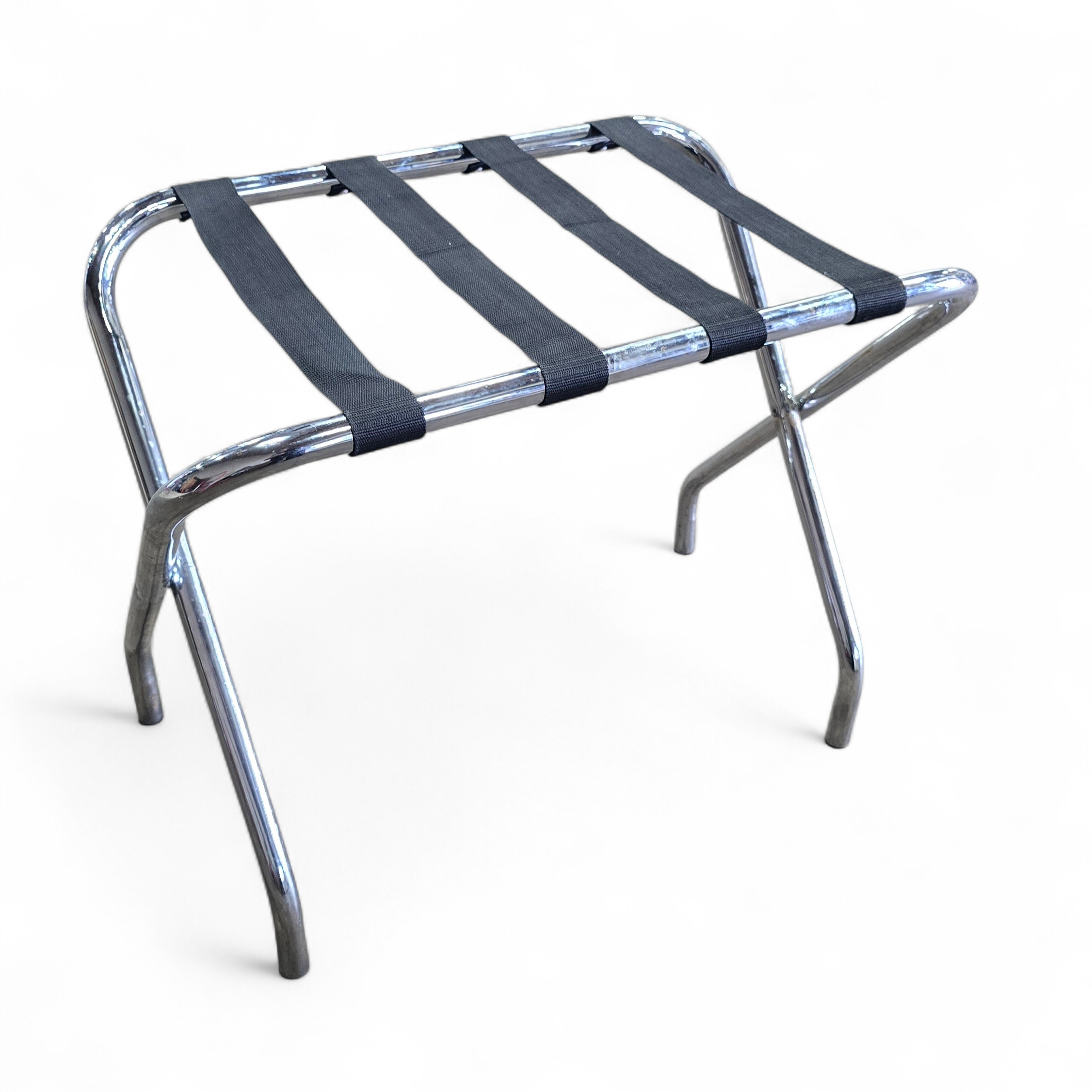 SHL front view of folding luggage rack with chrome finish and black straps, used and in good condition
