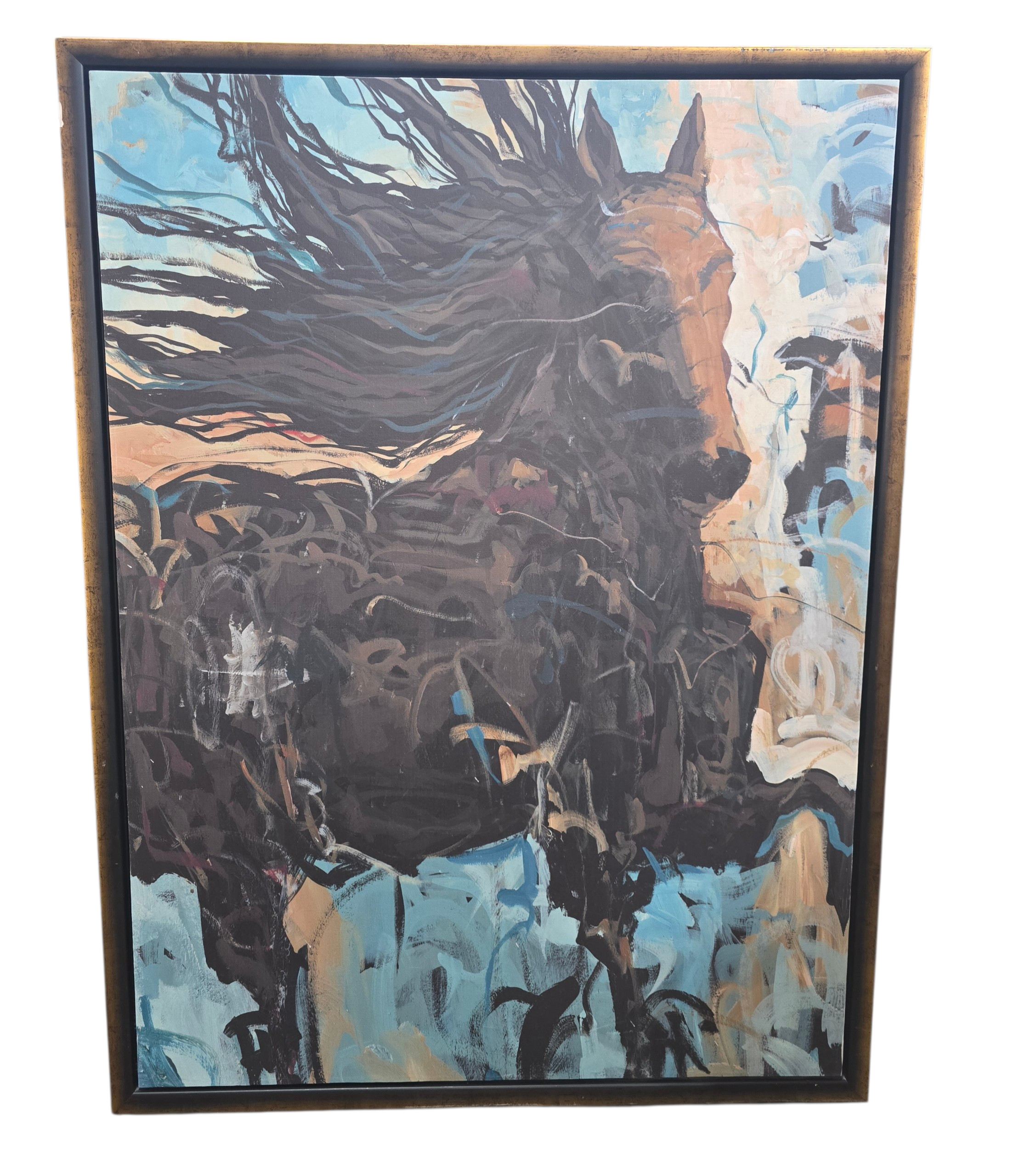 Framed abstract horse wall art with flowing mane measuring 36 x 48, used and in good condition