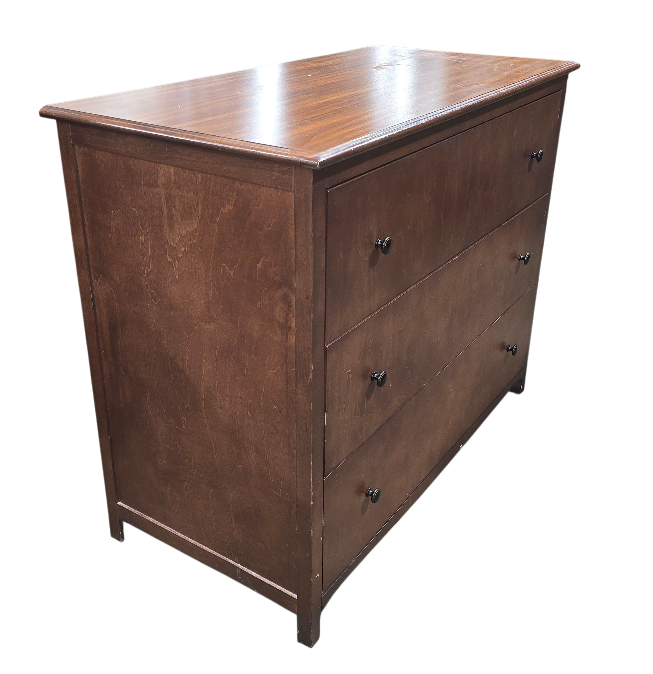 SHL side view of JTB 3 drawer dresser showing storage design, used and in good condition