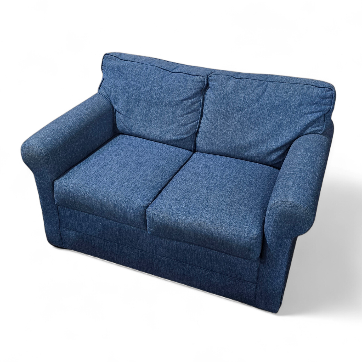 SHL front view of Kellex brand blue loveseat, 54 x 36, used and in good condition