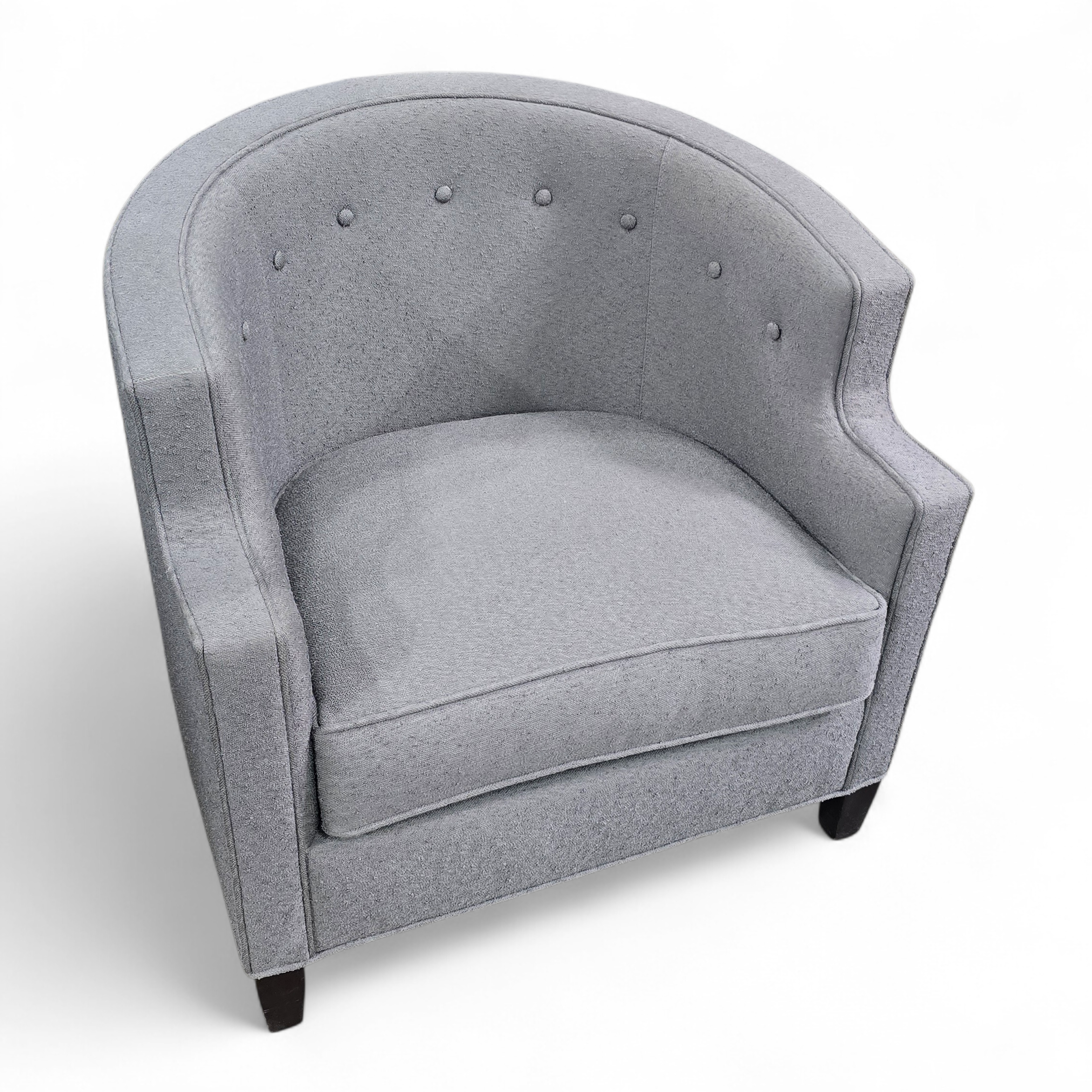 SHL front view of Kellex brand gray barrel chair, used and in good condition