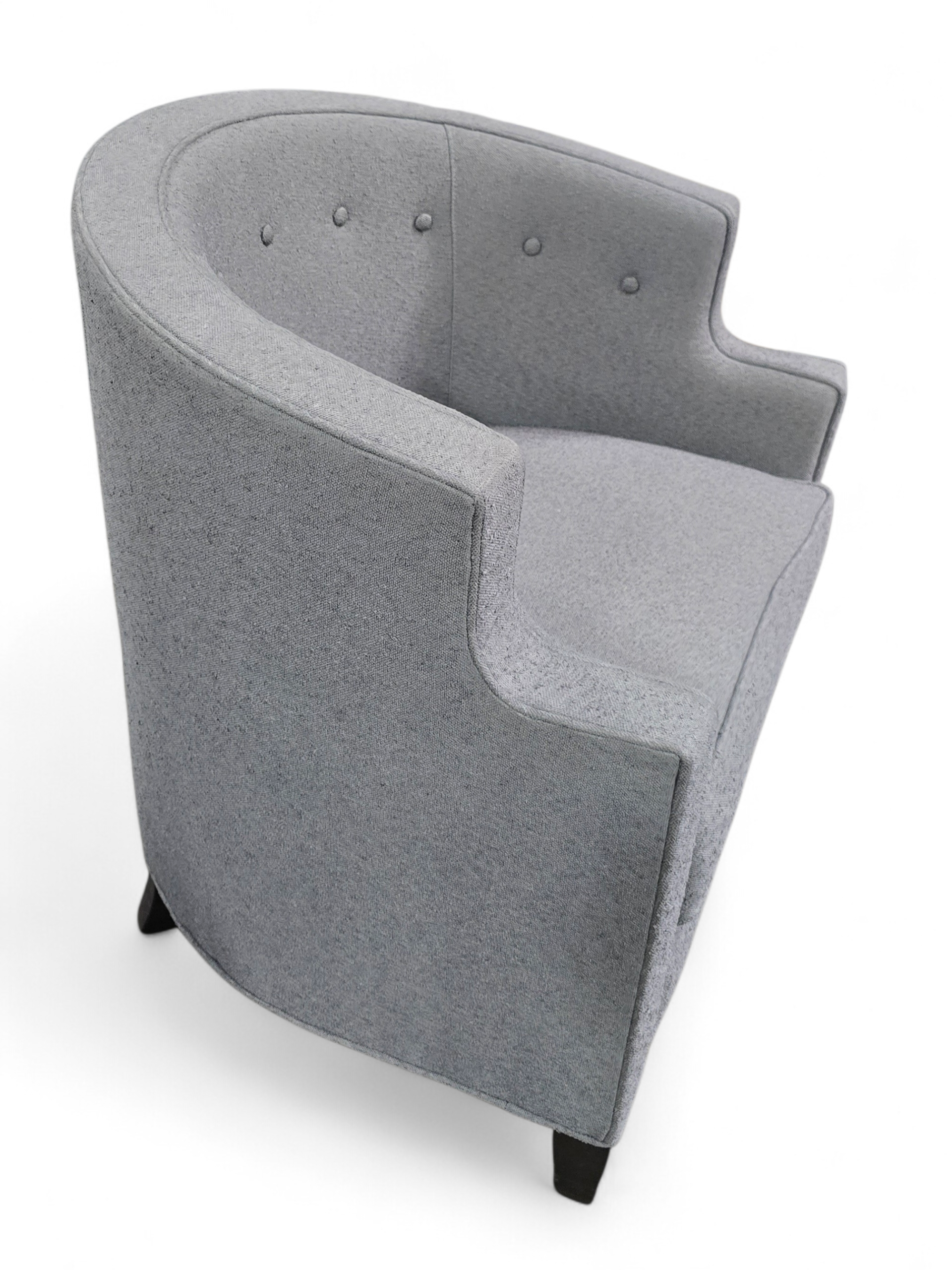 SHL side view of Kellex gray barrel chair showing curved barrel design, used and in good condition