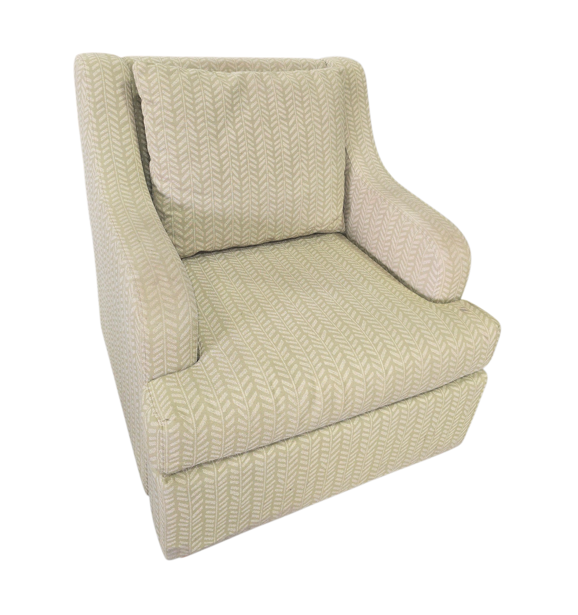 Light green accent chair with herringbone pattern measuring 29 x 29.5, used and in good condition