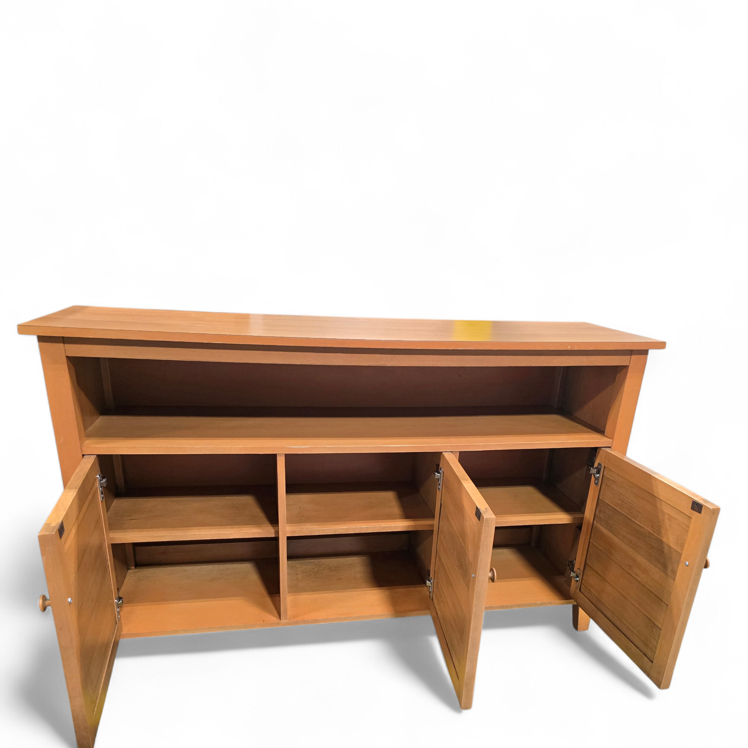 SHL open cabinet view of light wood TV stand showing interior shelving, used and in very good condition