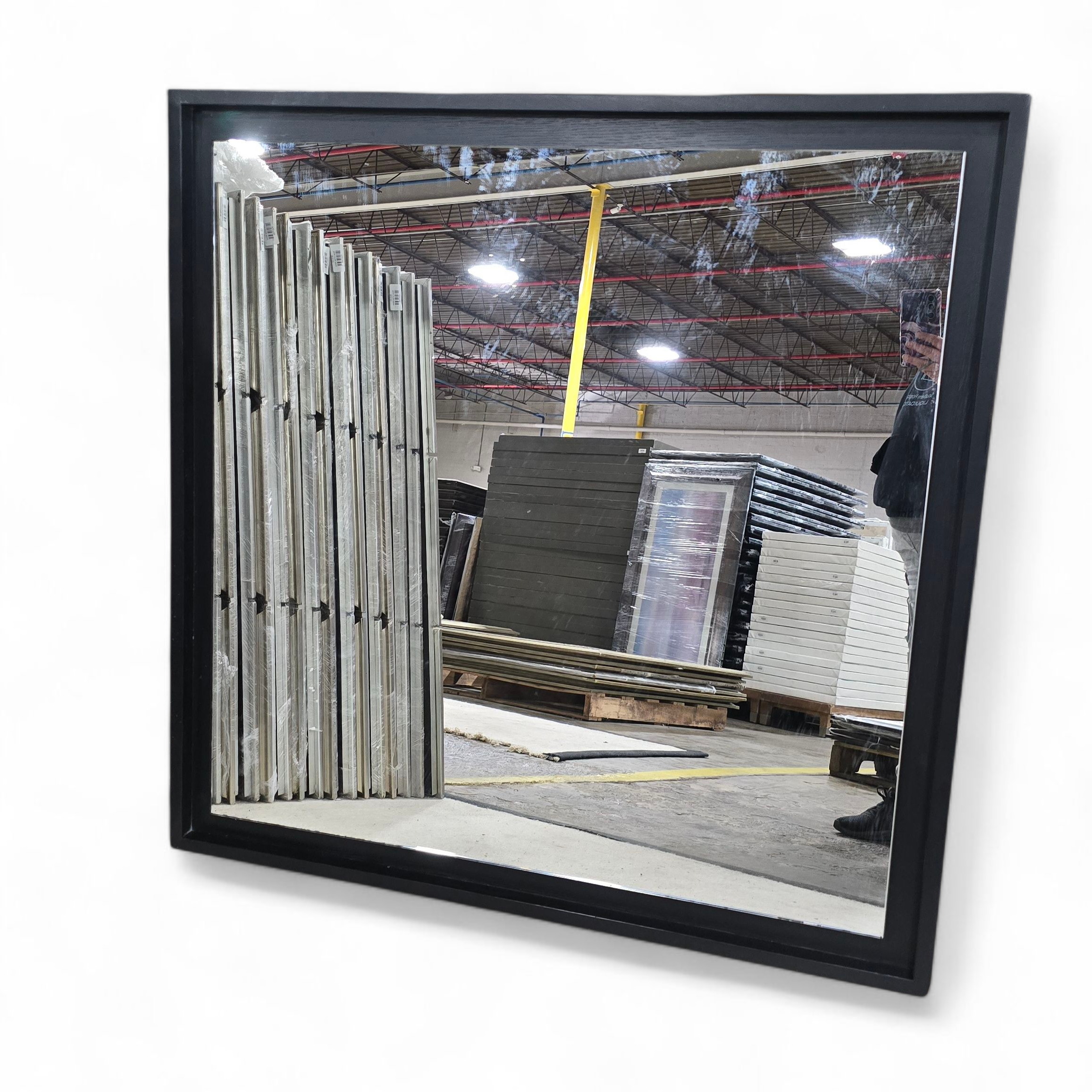 Mark David 40 x 40 black wood frame wall mirror front view, used and in good condition, quality used resort furniture.