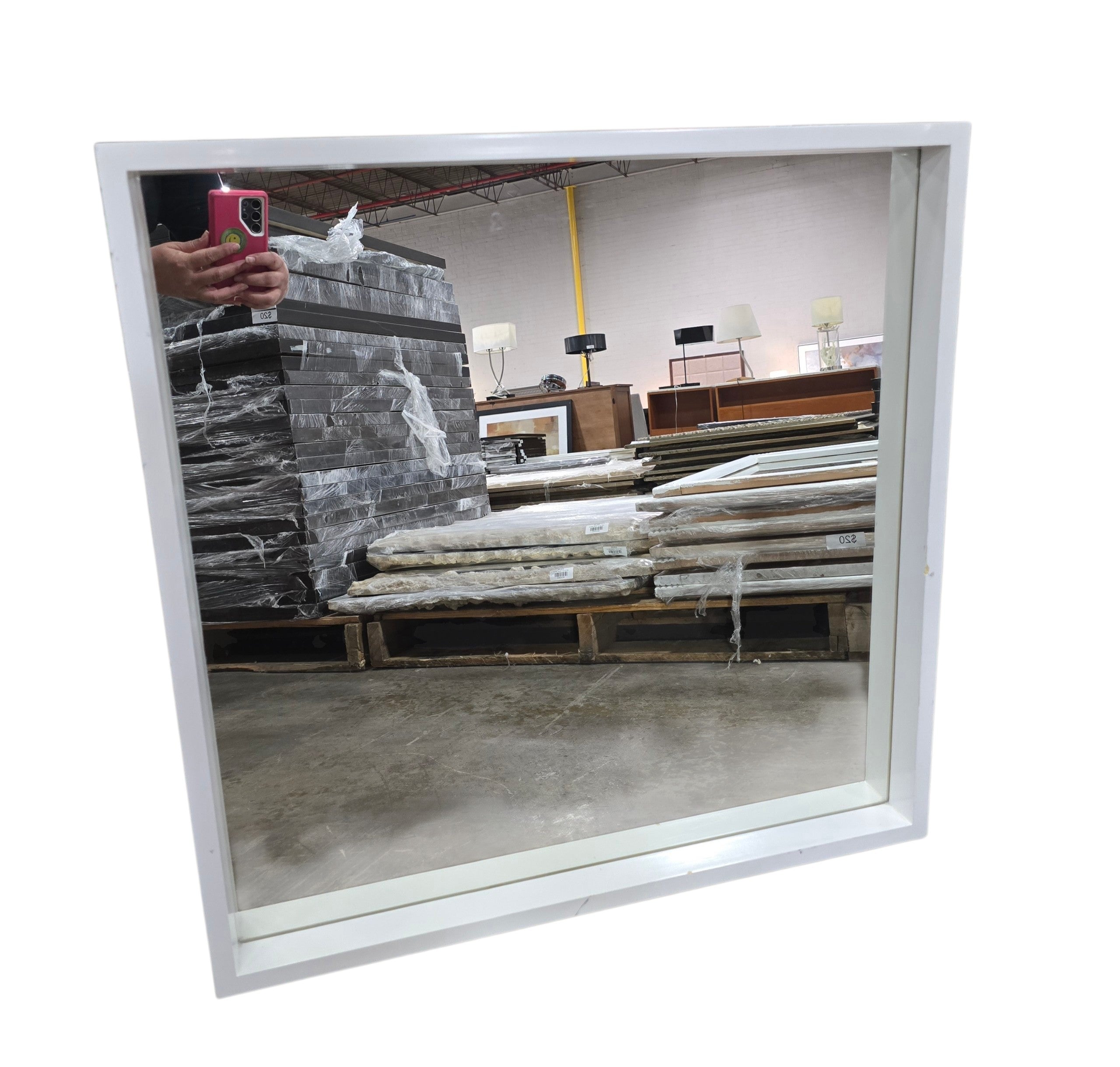 Modern white framed square wall mirror measuring 28 x 28 x 2 inches