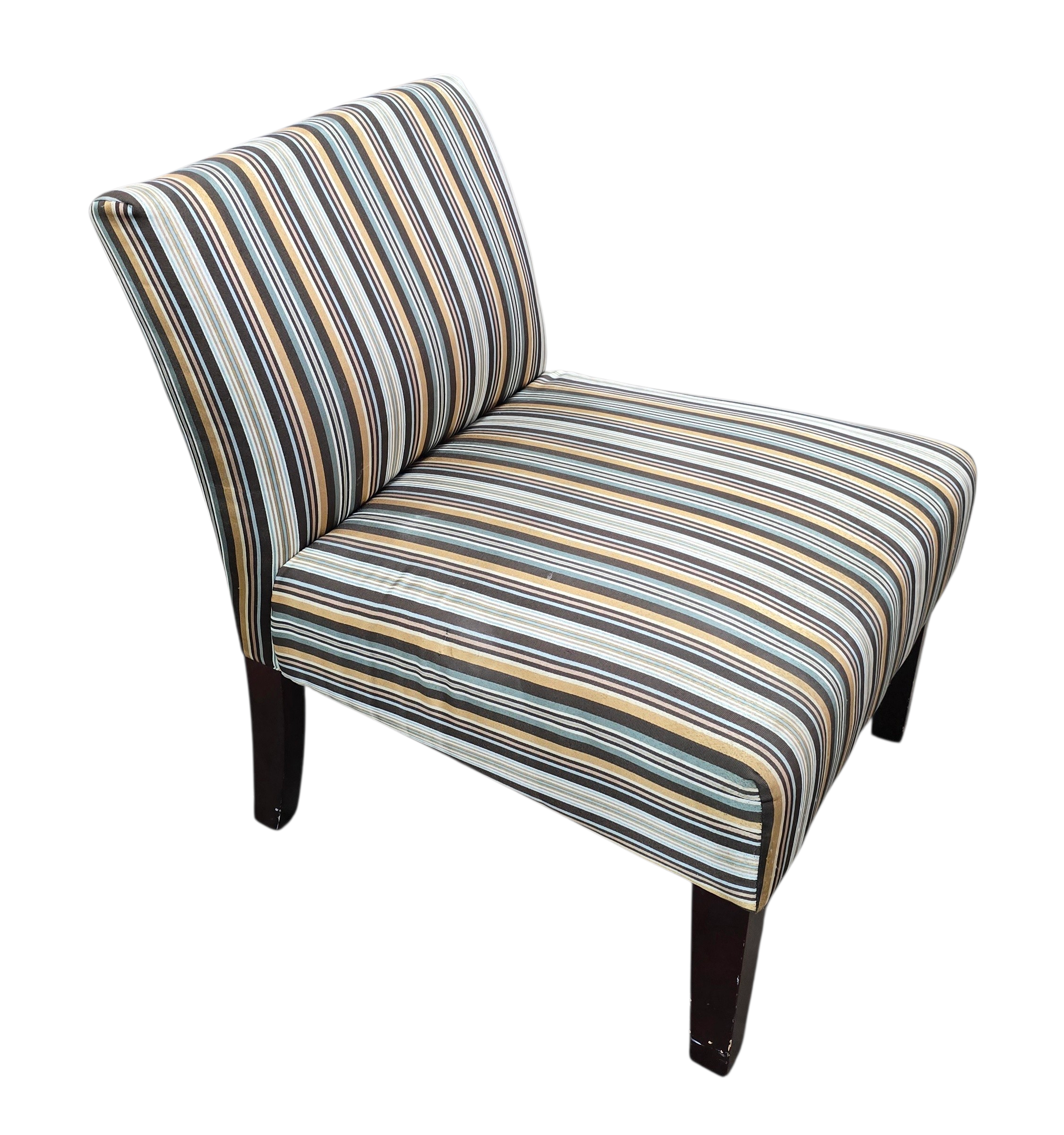 Side angle view of striped upholstered slipper chair