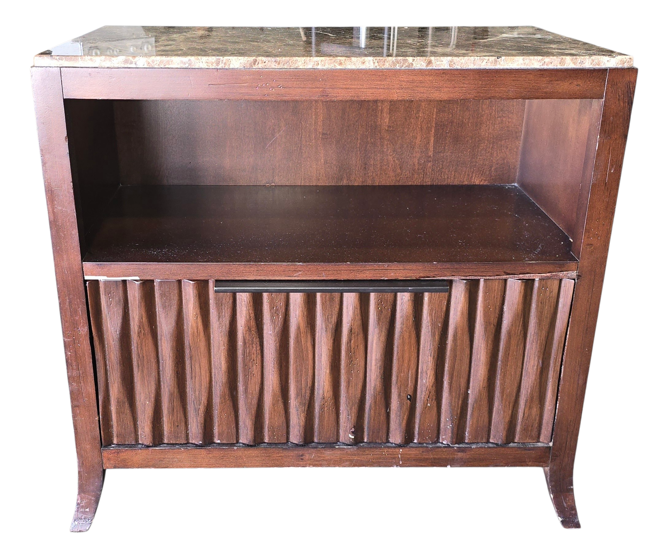 Front view of nightstand with granite surface and storage shelf