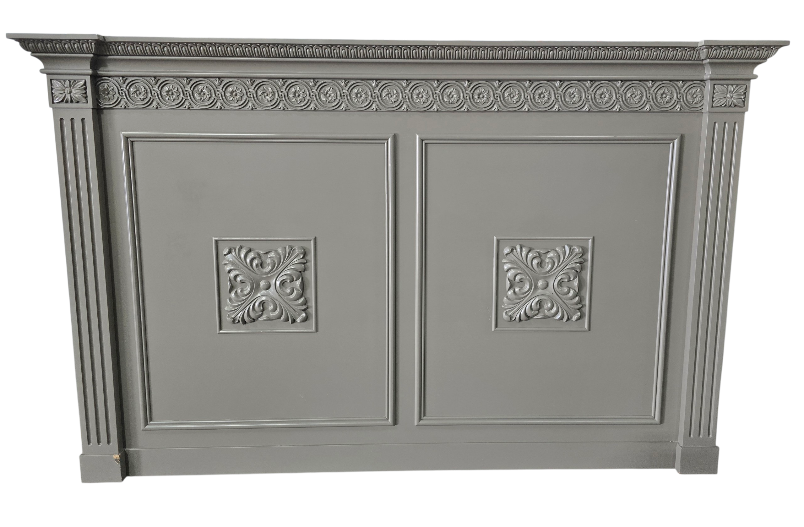 Ornate carved wood headboard painted gray measuring 70 x 44.5 x 6, wall mount only, used and in good condition