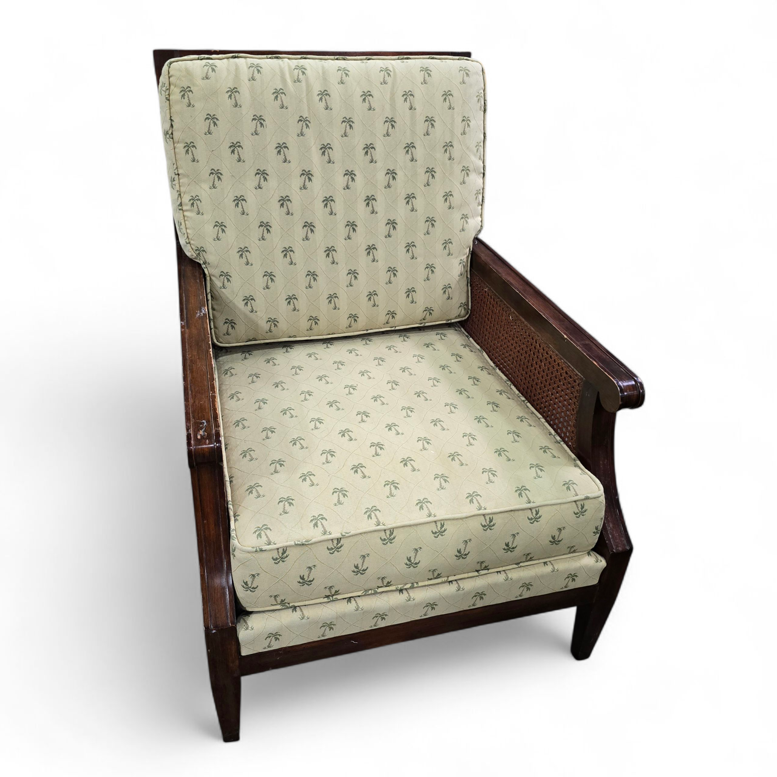 SHL rattan armchair with cane back and palm tree upholstery front view, used and in good condition