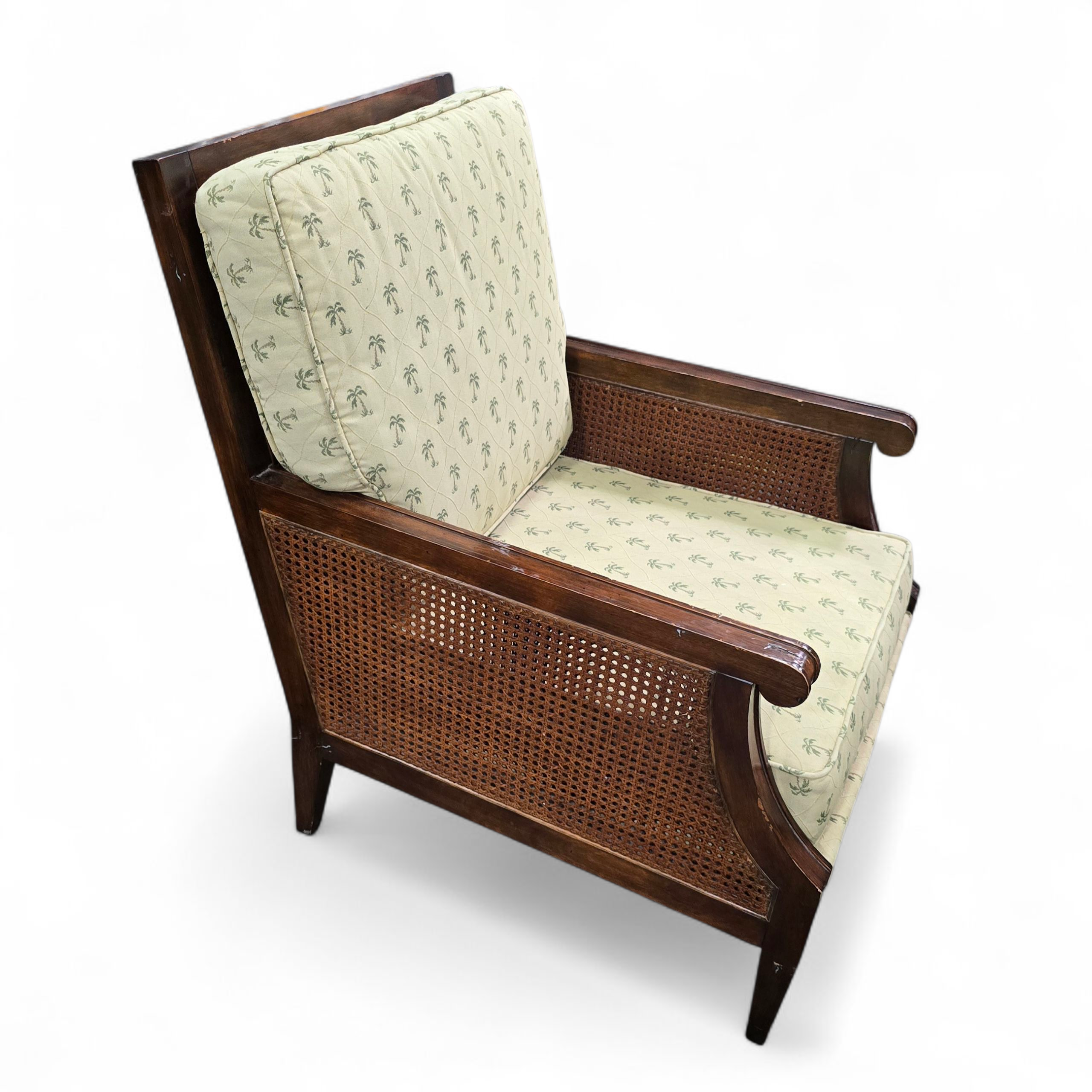 SHL rattan armchair side angle with palm tree fabric, used and in good condition