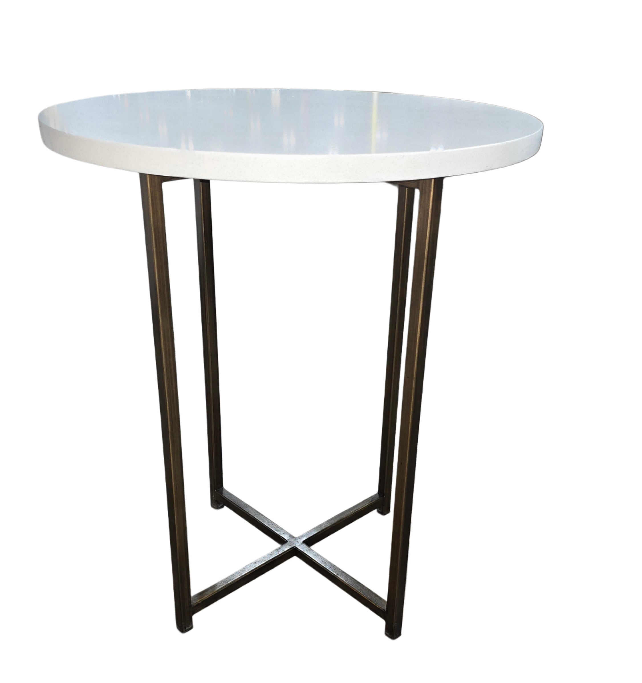 SHL front view of round white granite side table with metal base, used and very good condition
