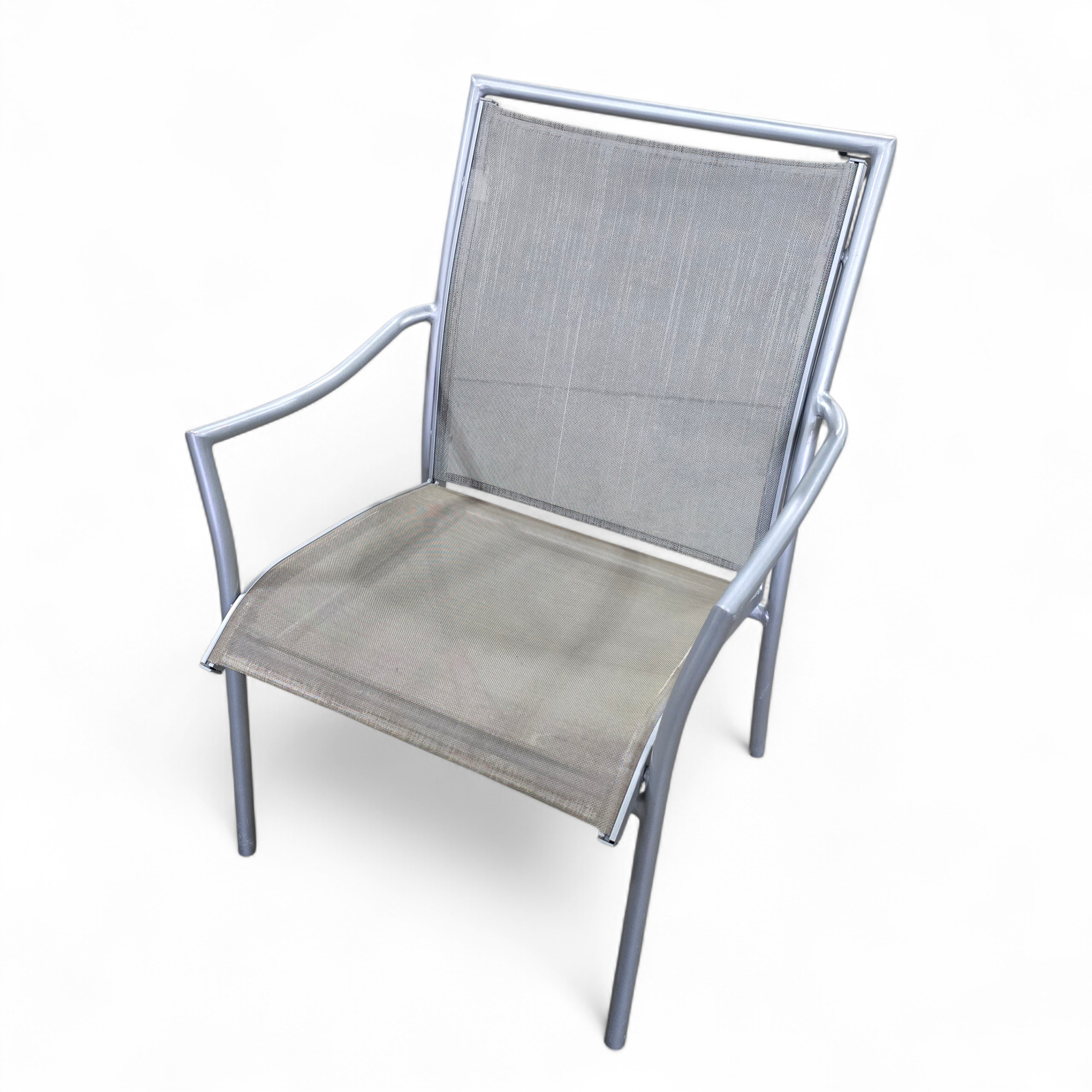 SHL front view of silver metal patio chair measuring 26 x 20.5, used and in good condition
