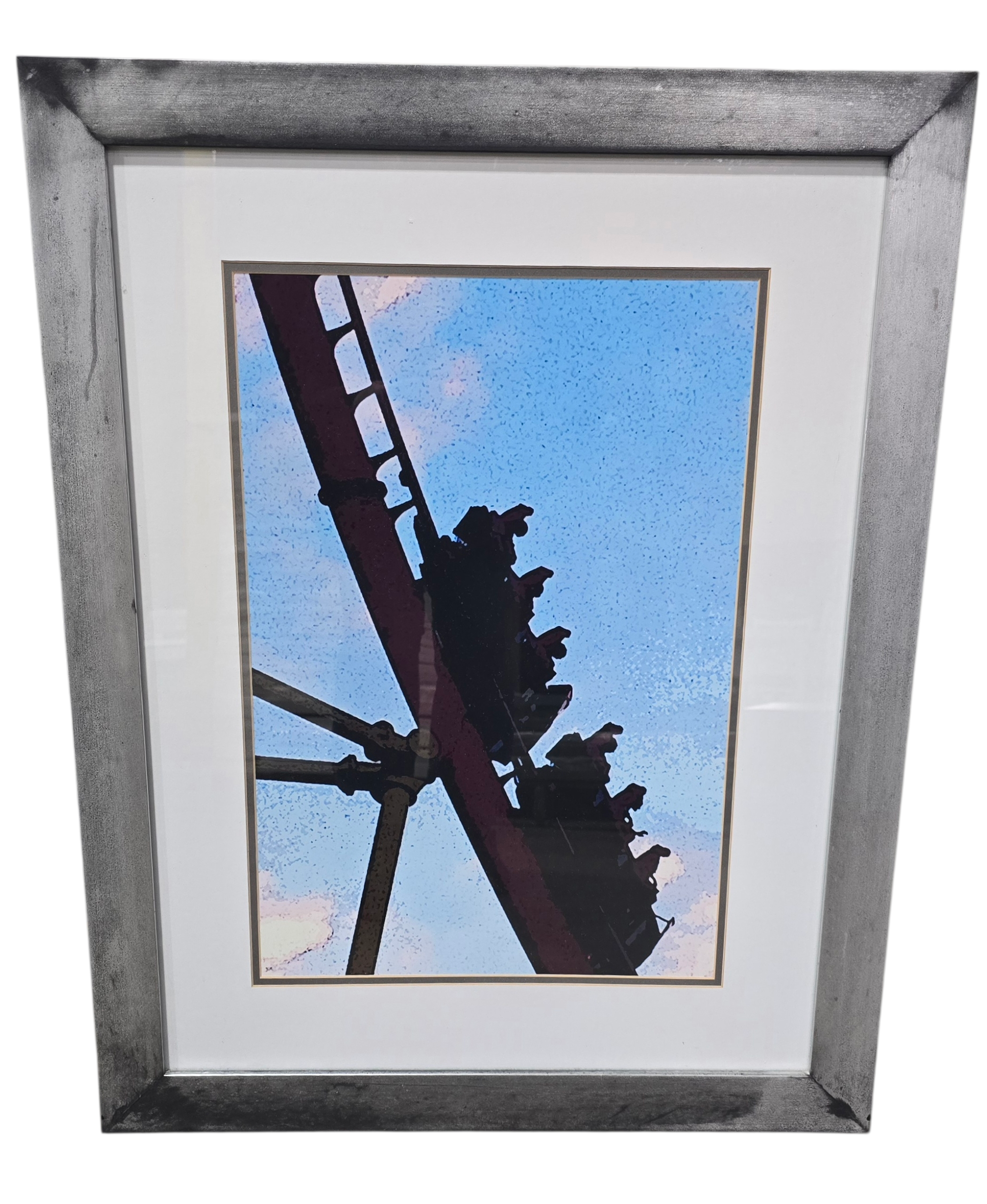 Framed picture of people on a roller coaster at Universal Studios, used and in good condition