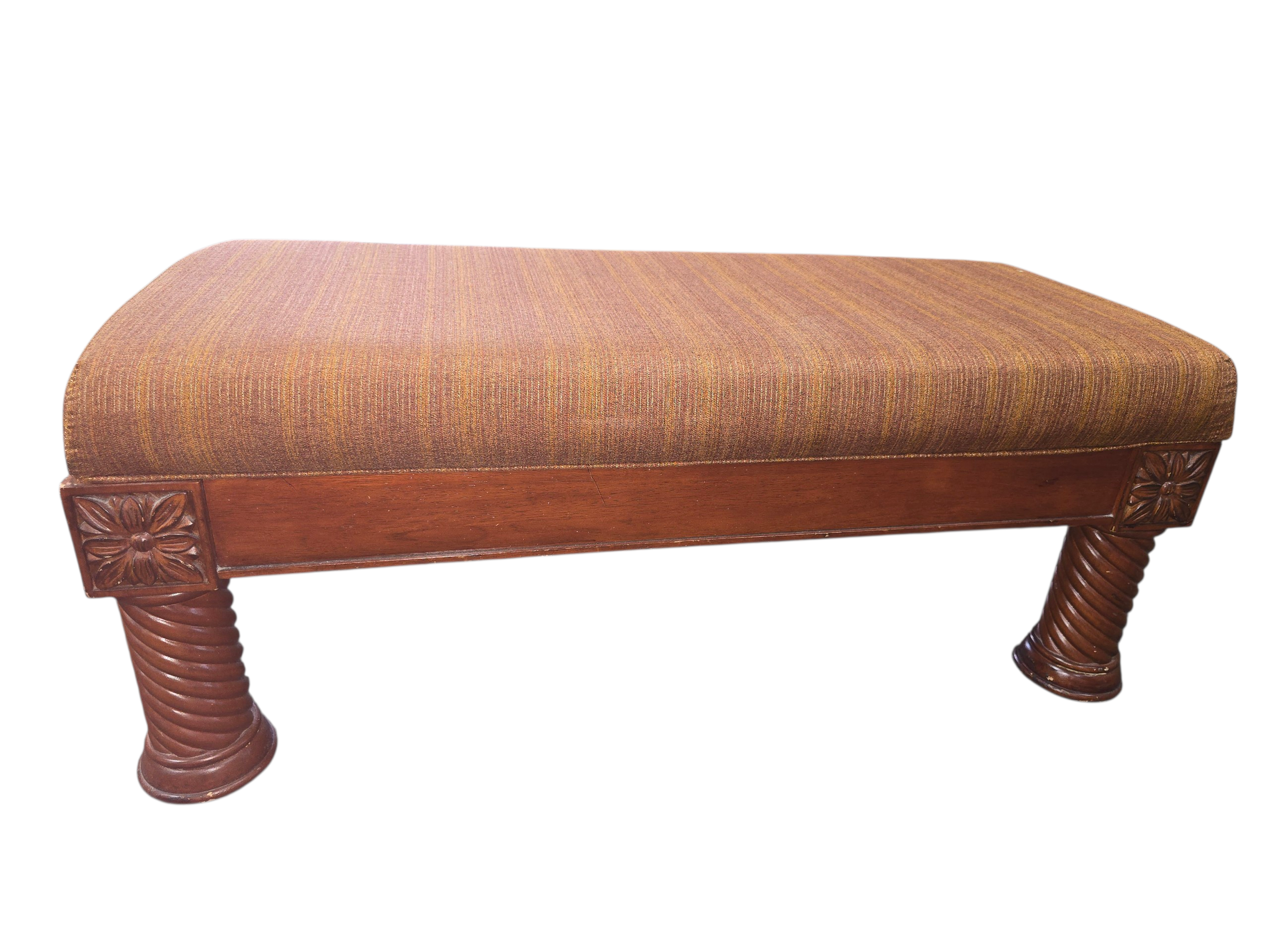 Upholstered bench with orange and brown seat measuring 41 x 18 x 17, used and in good condition
