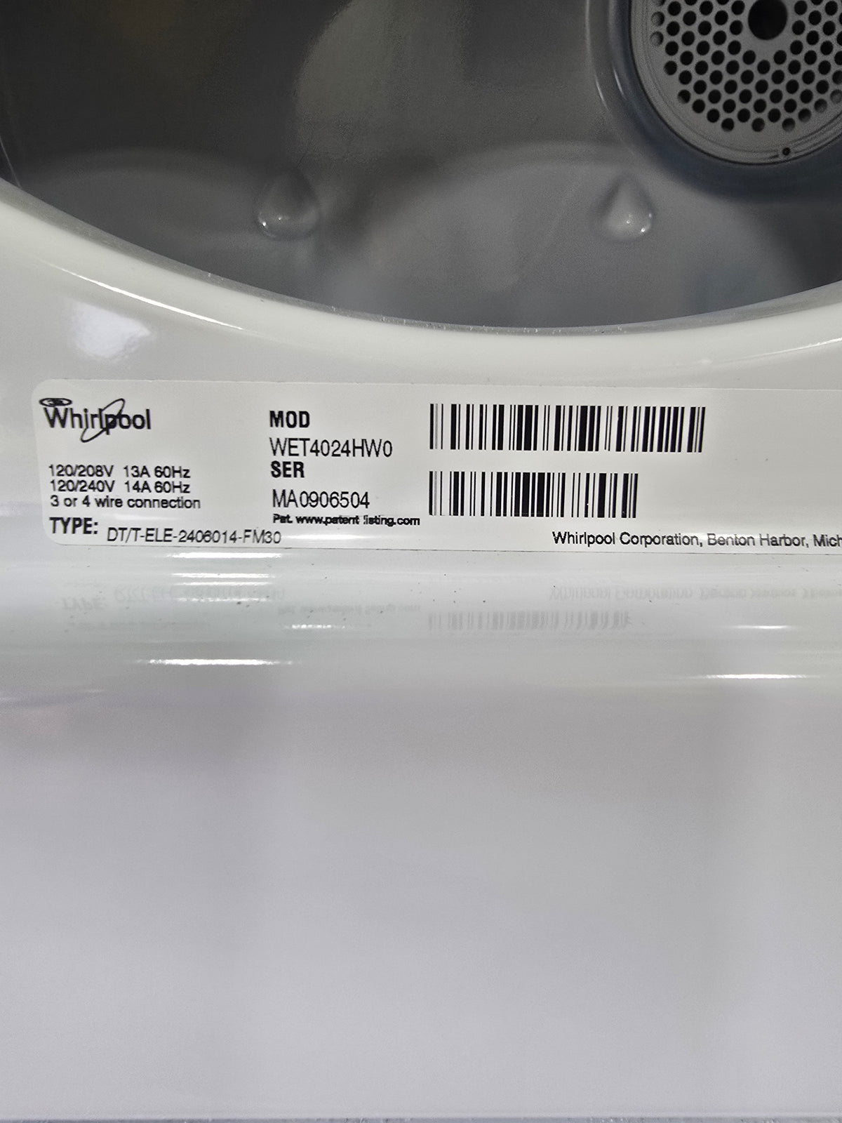 Used Whirlpool WET4024HW0 model and serial label SHL