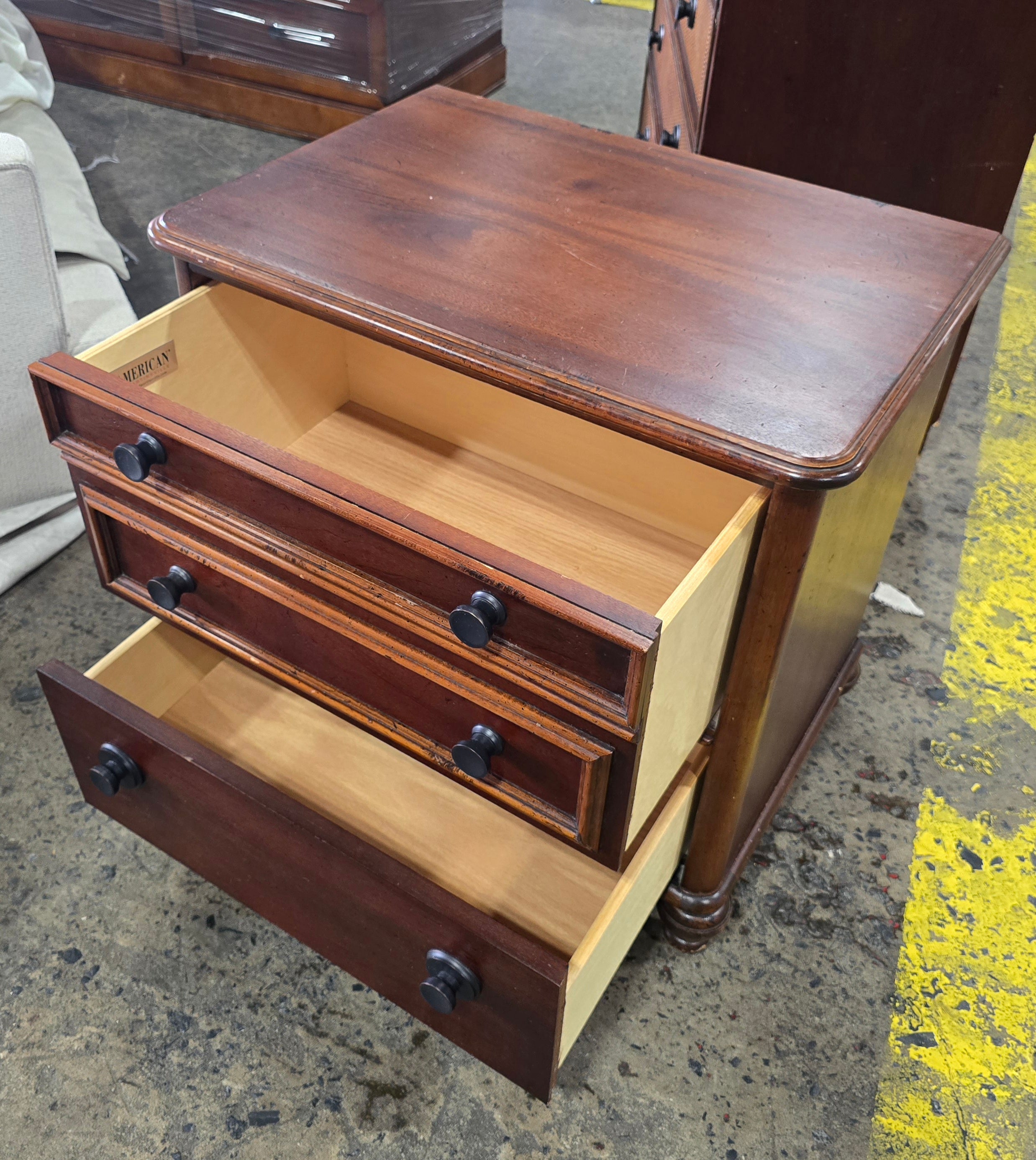 American of Martinsville used nightstand with drawers open, showcasing spacious storage and quality construction. Available at Southern Hospitality Liquidation in Cartersville, GA.