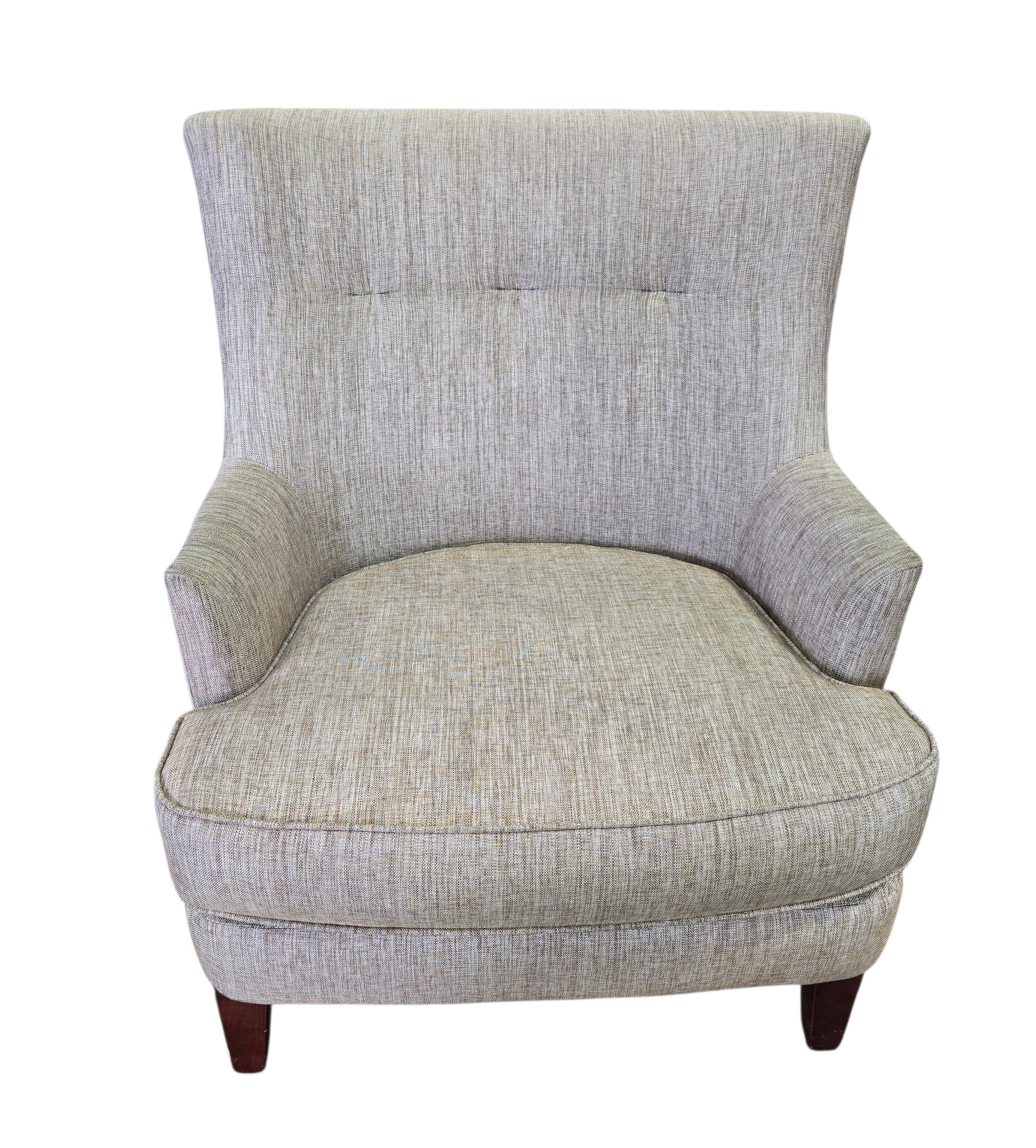 SHL used beige upholstered accent chair with textured woven fabric and tapered wood legs sourced from an upscale resort