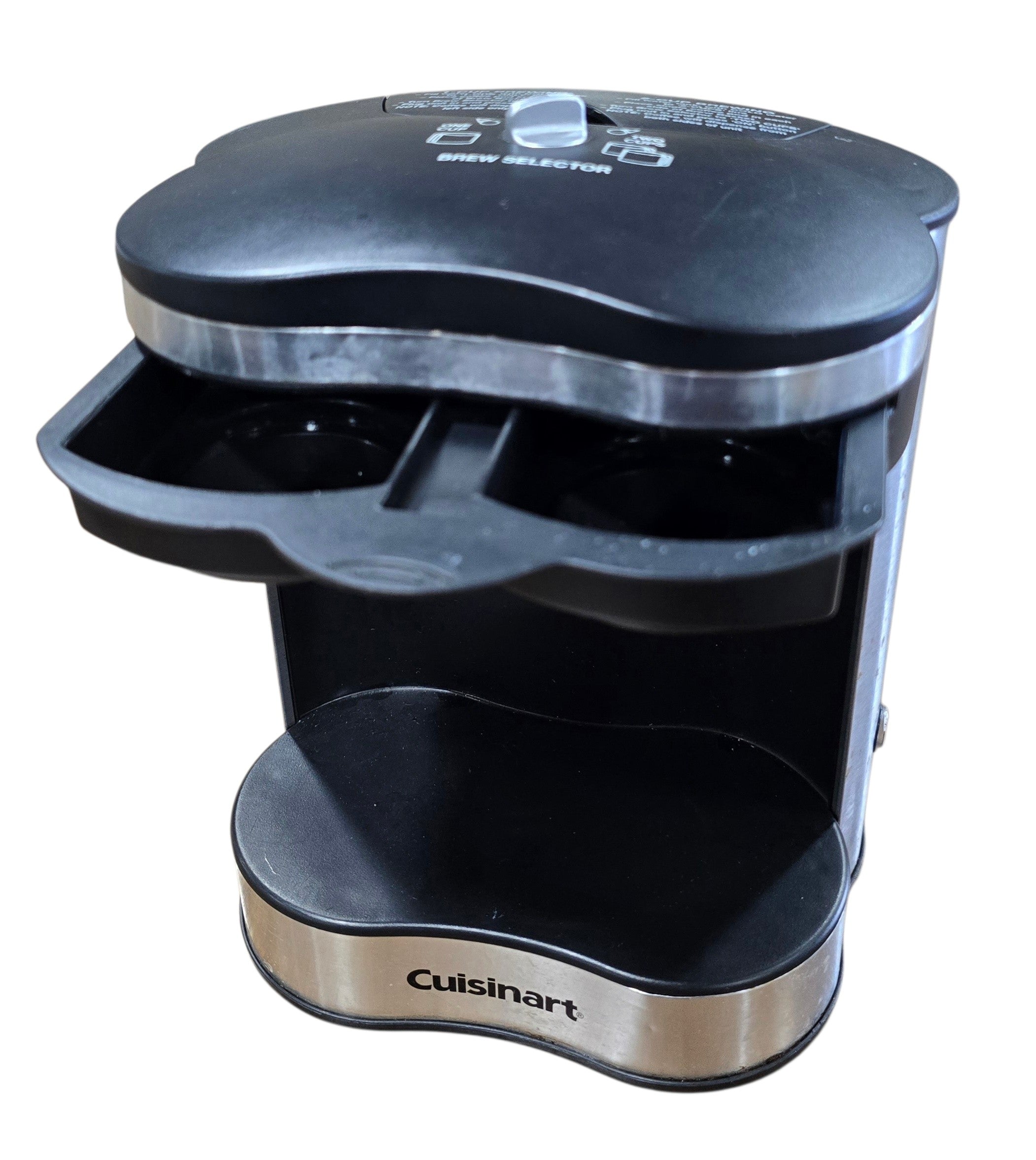 Close-up of a used Cuisinart two cup coffee maker with the dual pod holder open, showing its resort-quality design for brewing one or two 8-ounce cups. Available at Southern Hospitality Liquidation in Cartersville, GA near Atlanta, Marietta, Kennesaw, and Rome.