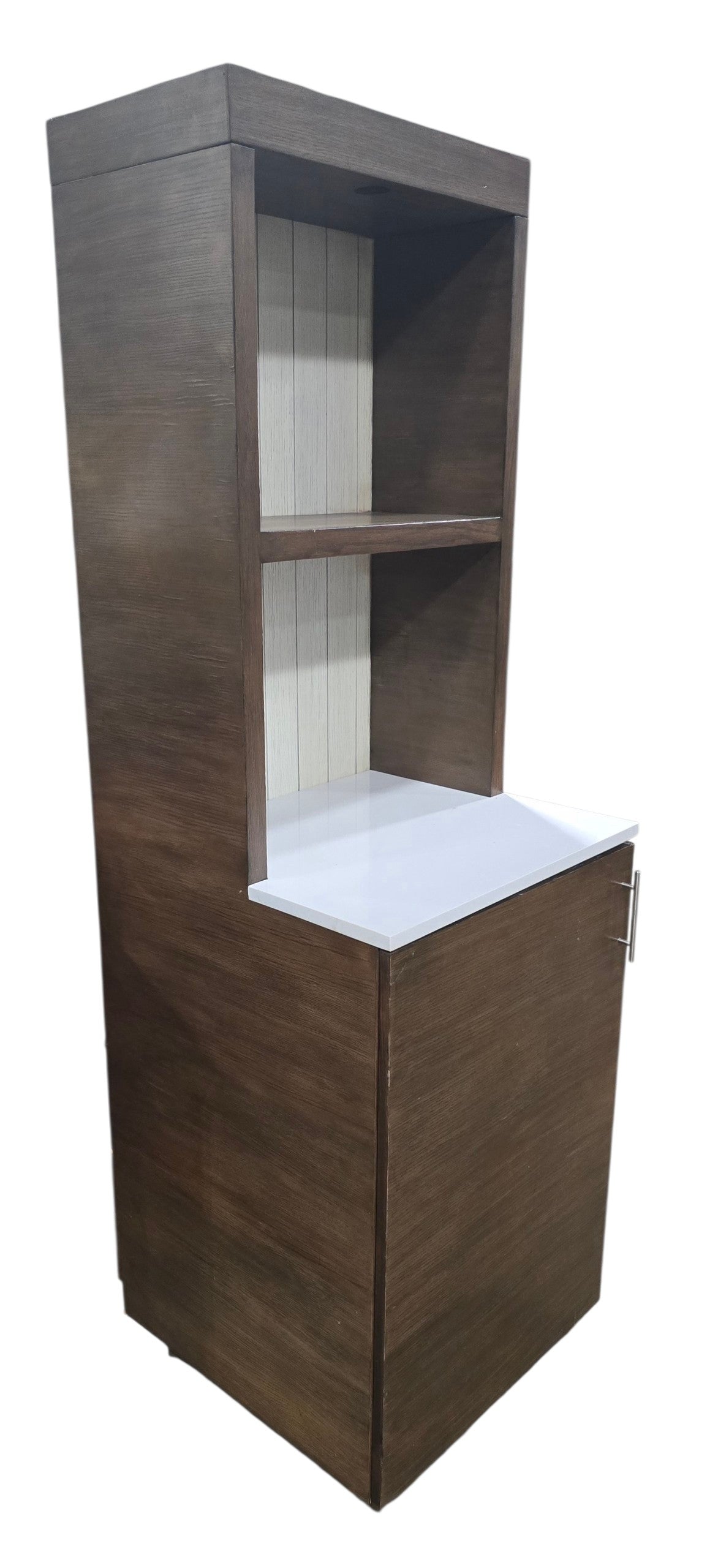 Used resort guest room beverage station cabinet with shelving and mini fridge compartment