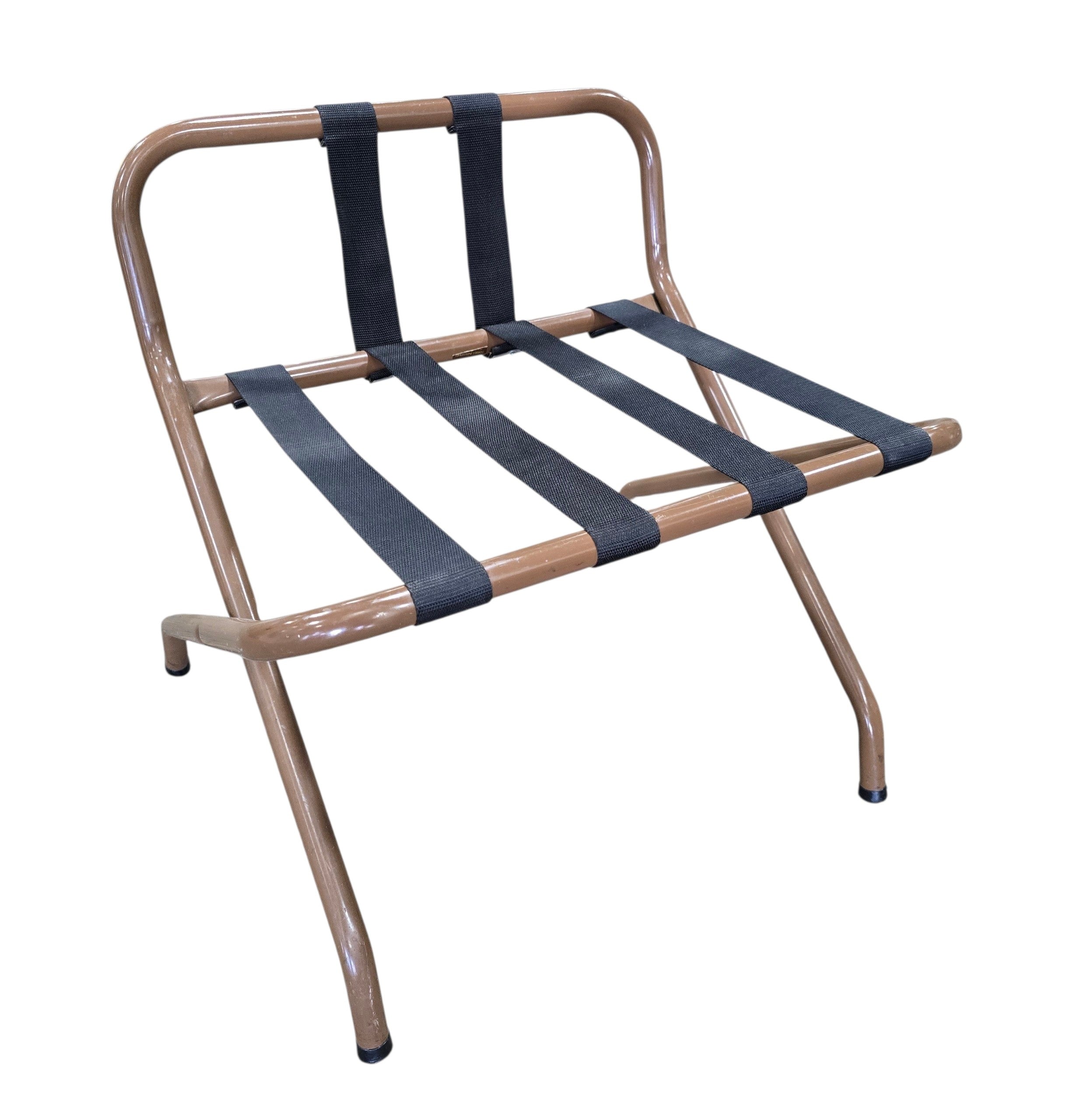 Used folding hotel luggage rack with durable brown metal frame and heavy-duty black support straps, sourced from an upscale resort by Southern Hospitality Liquidation in Cartersville, GA near Atlanta, Marietta, Kennesaw, and Rome.