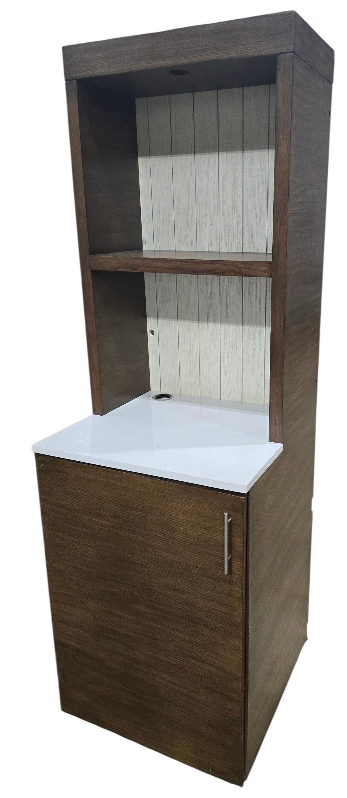 Used mini fridge cabinet with upper shelves and storage cabinet sourced from an upscale resort