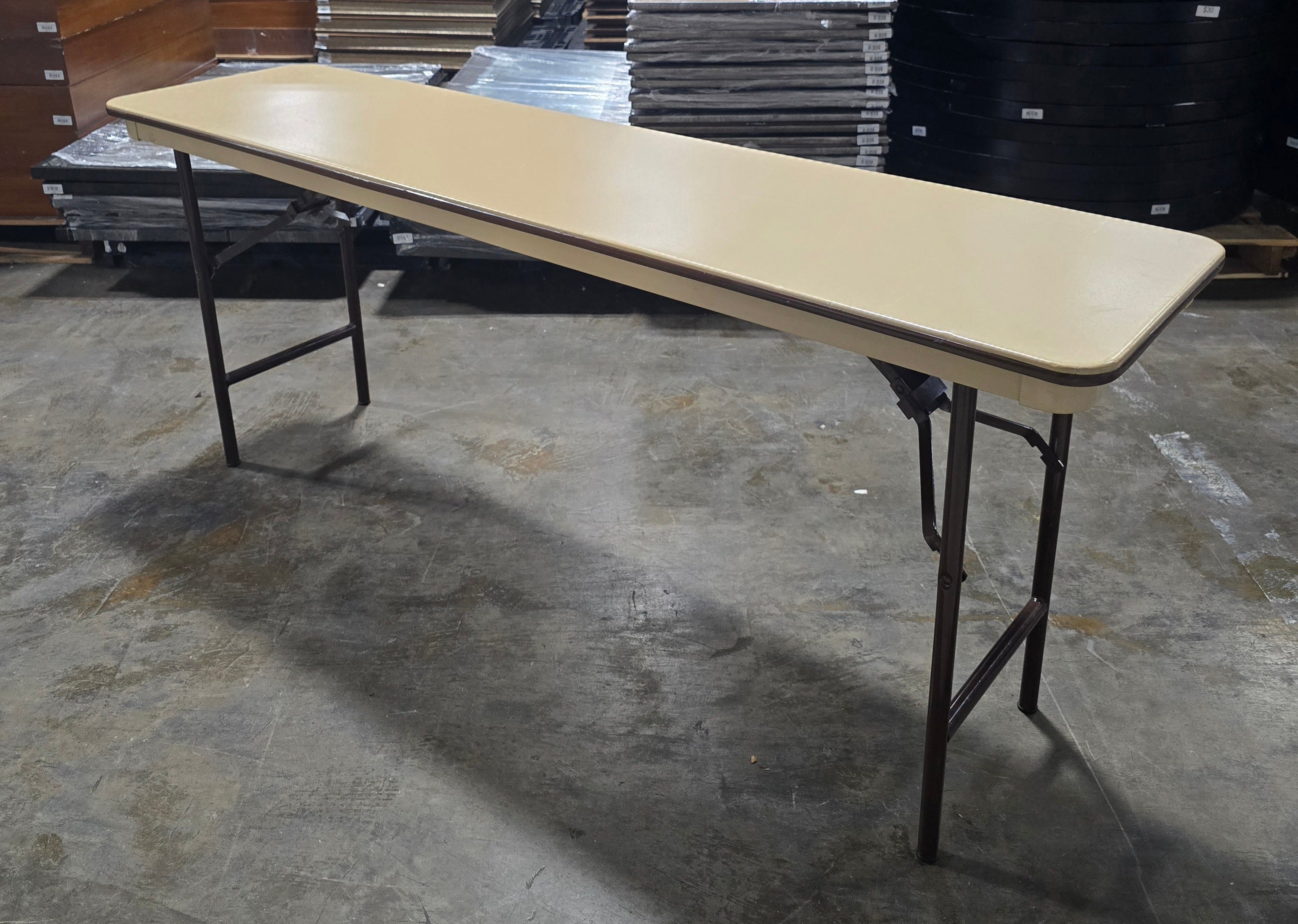 Quality used resort furniture folding table with metal legs and beige laminate top