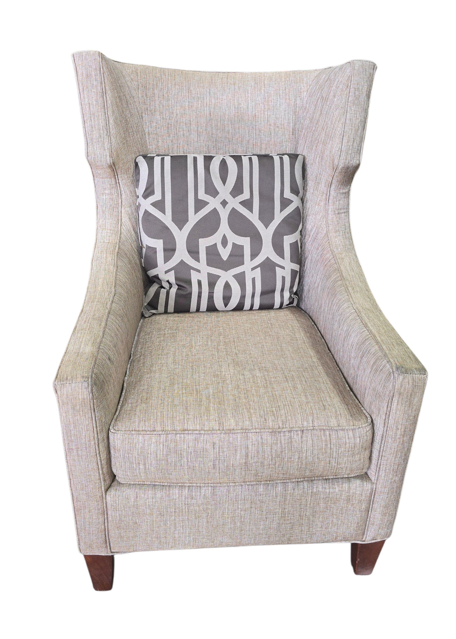 SHL used neutral beige wingback accent chair with gray geometric accent pillow sourced from upscale resort