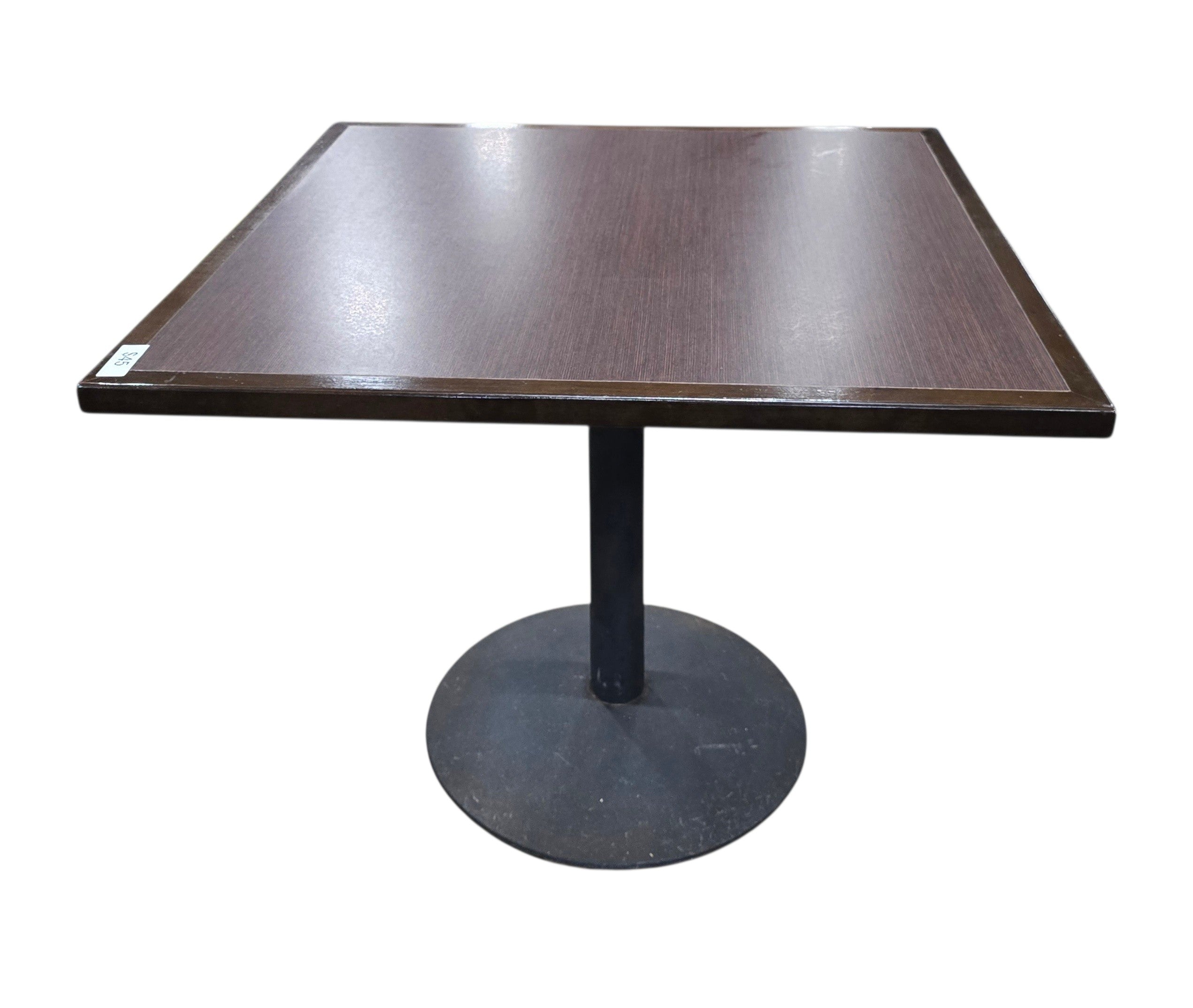 Used square dark wood dining table with black pedestal base measuring 36 inches wide by 36 inches deep