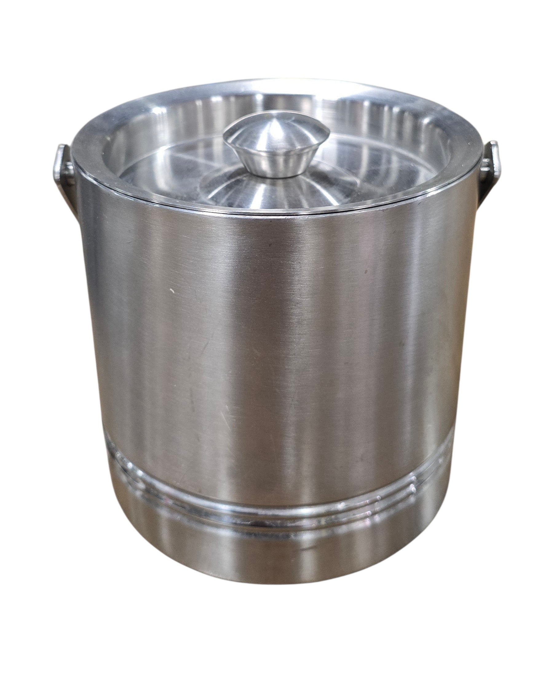 Side view of a used stainless steel resort ice bucket with lid and metal handle, available at Southern Hospitality Liquidation in Cartersville, GA near Atlanta, Marietta, Kennesaw, and Rome.