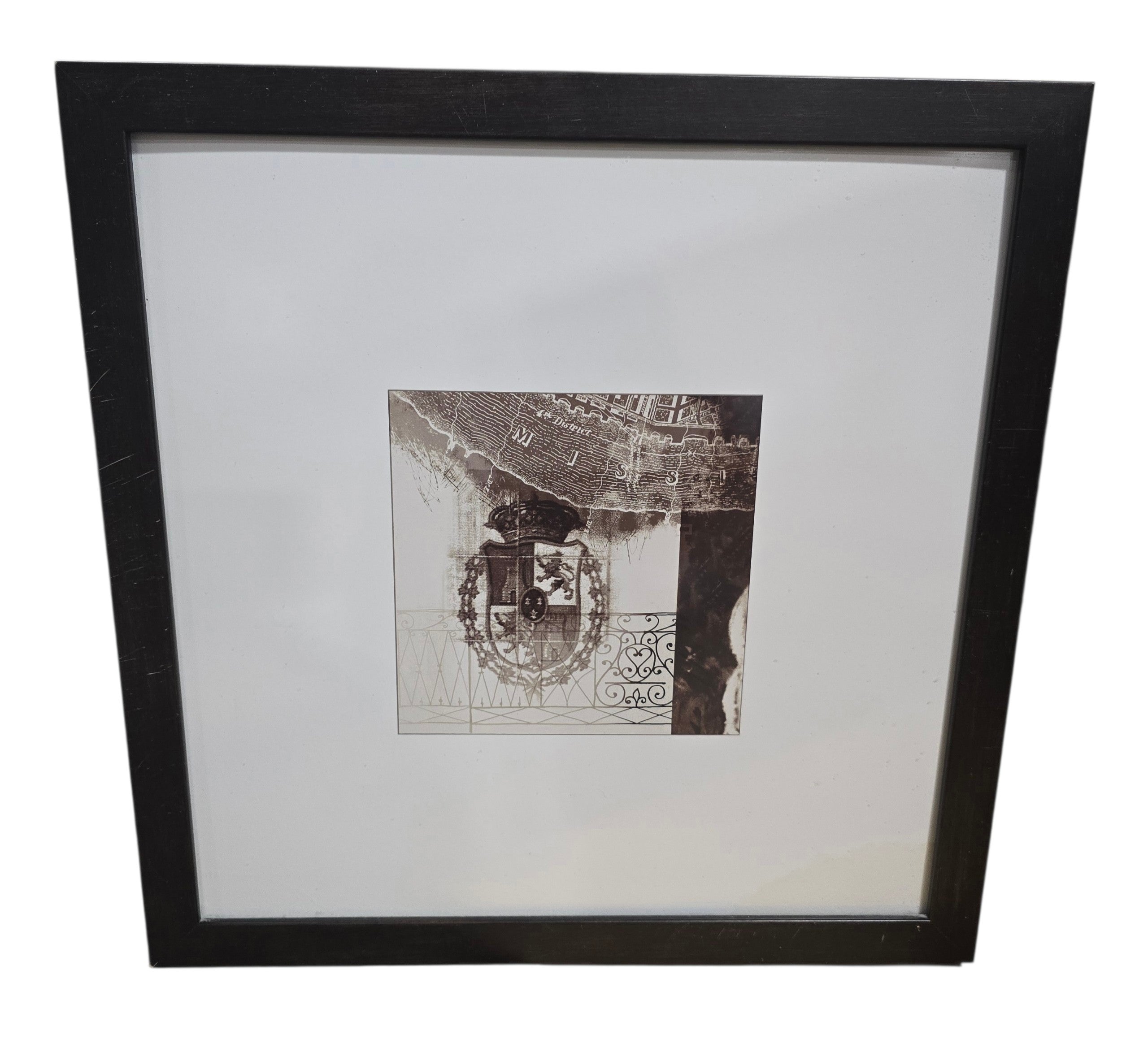 SHL used framed wall art print featuring a vintage crest, antique map details, and decorative ironwork accents with white matting and a dark wood-tone frame measuring 19.75 inches by 19.75 inches.