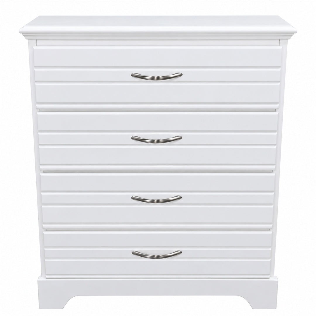 Used white four-drawer chest with silver handles, front view, SHL