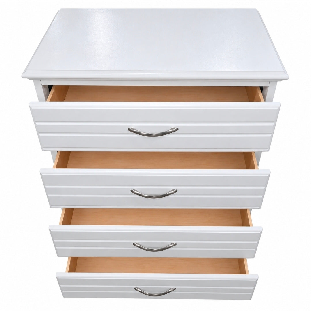 Used white four-drawer chest showing open drawers, SHL